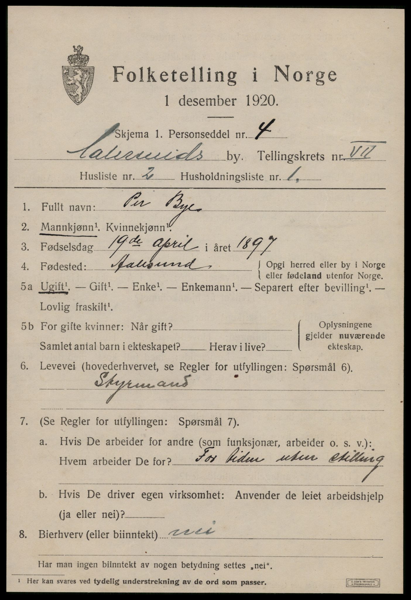 SAT, 1920 census for Ålesund, 1920, p. 19054