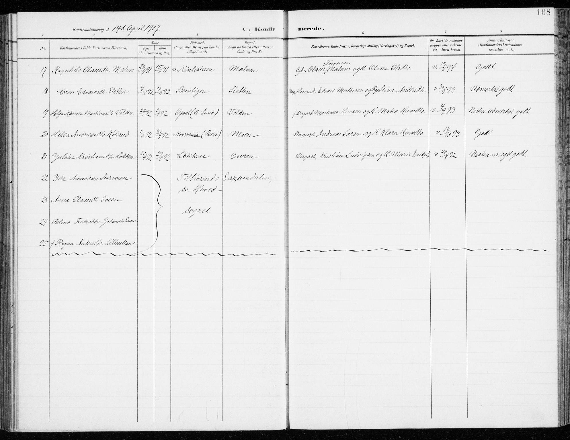 Fåberg prestekontor, AV/SAH-PREST-086/H/Ha/Haa/L0011: Parish register (official) no. 11, 1899-1913, p. 168