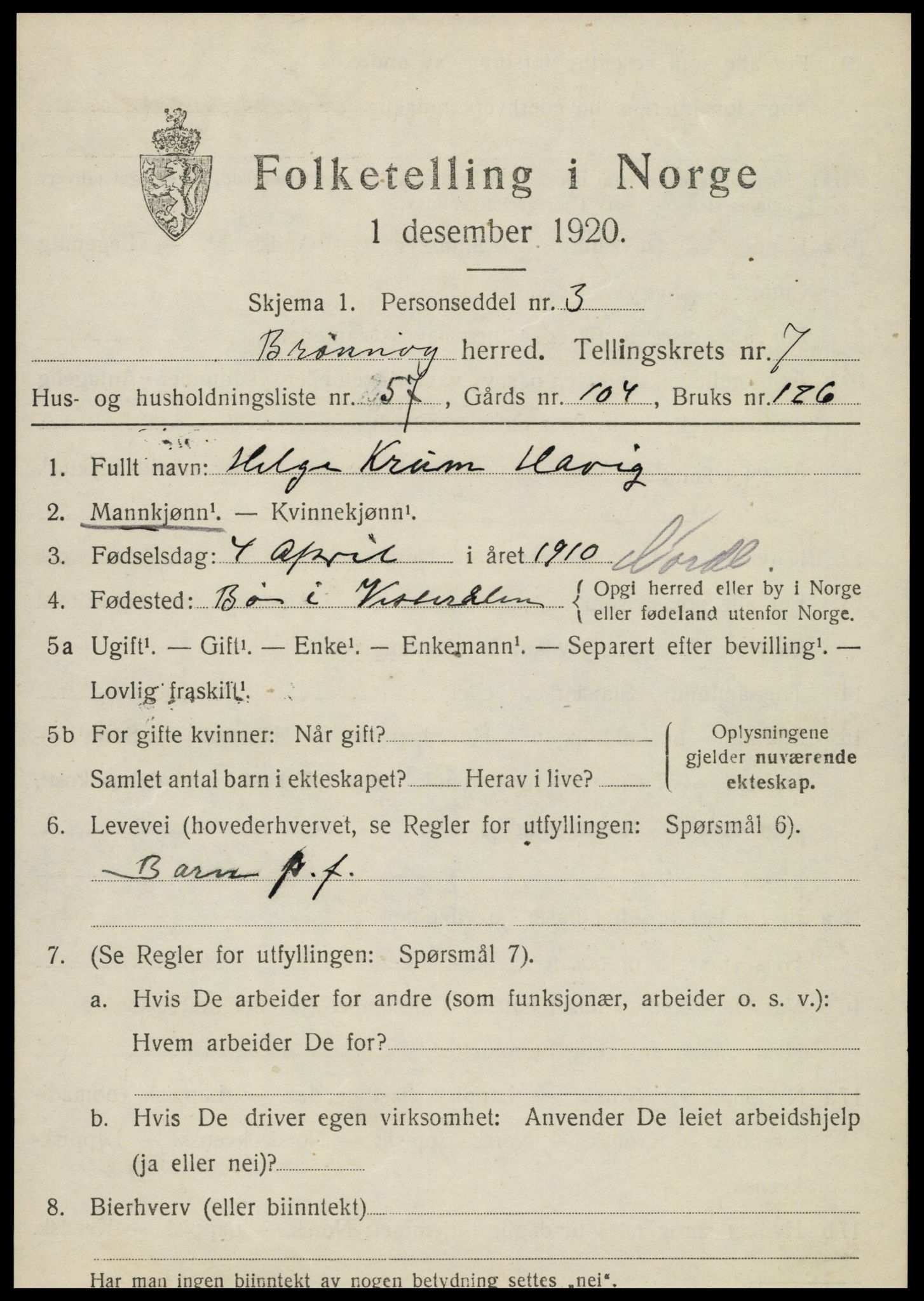 SAT, 1920 census for Brønnøy, 1920, p. 5862