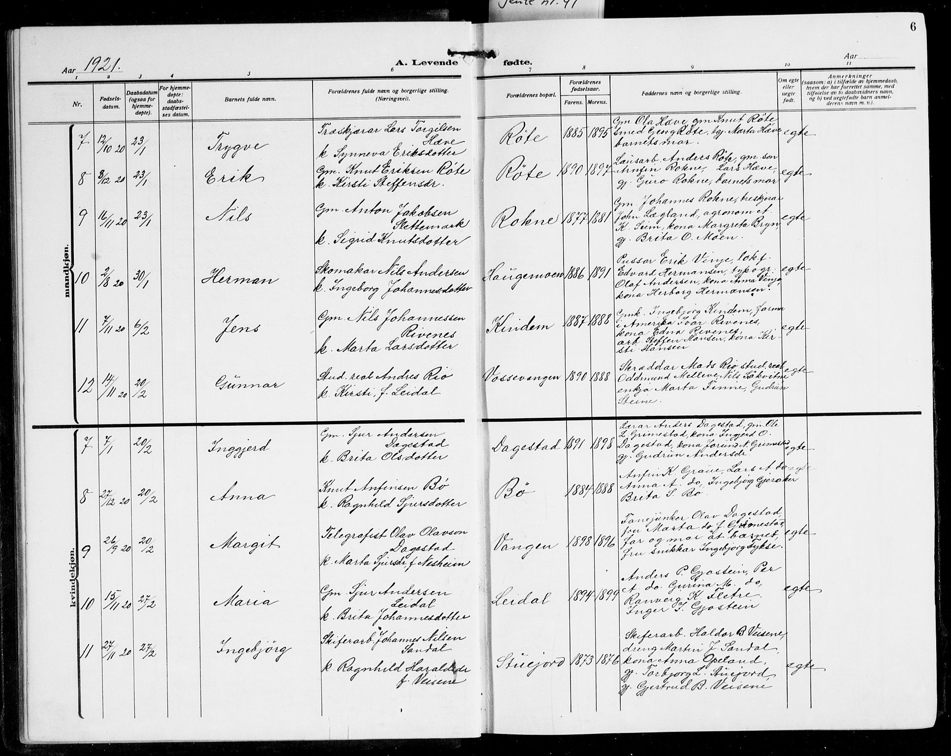 Voss sokneprestembete, AV/SAB-A-79001/H/Hab: Parish register (copy) no. C 4, 1920-1944, p. 6