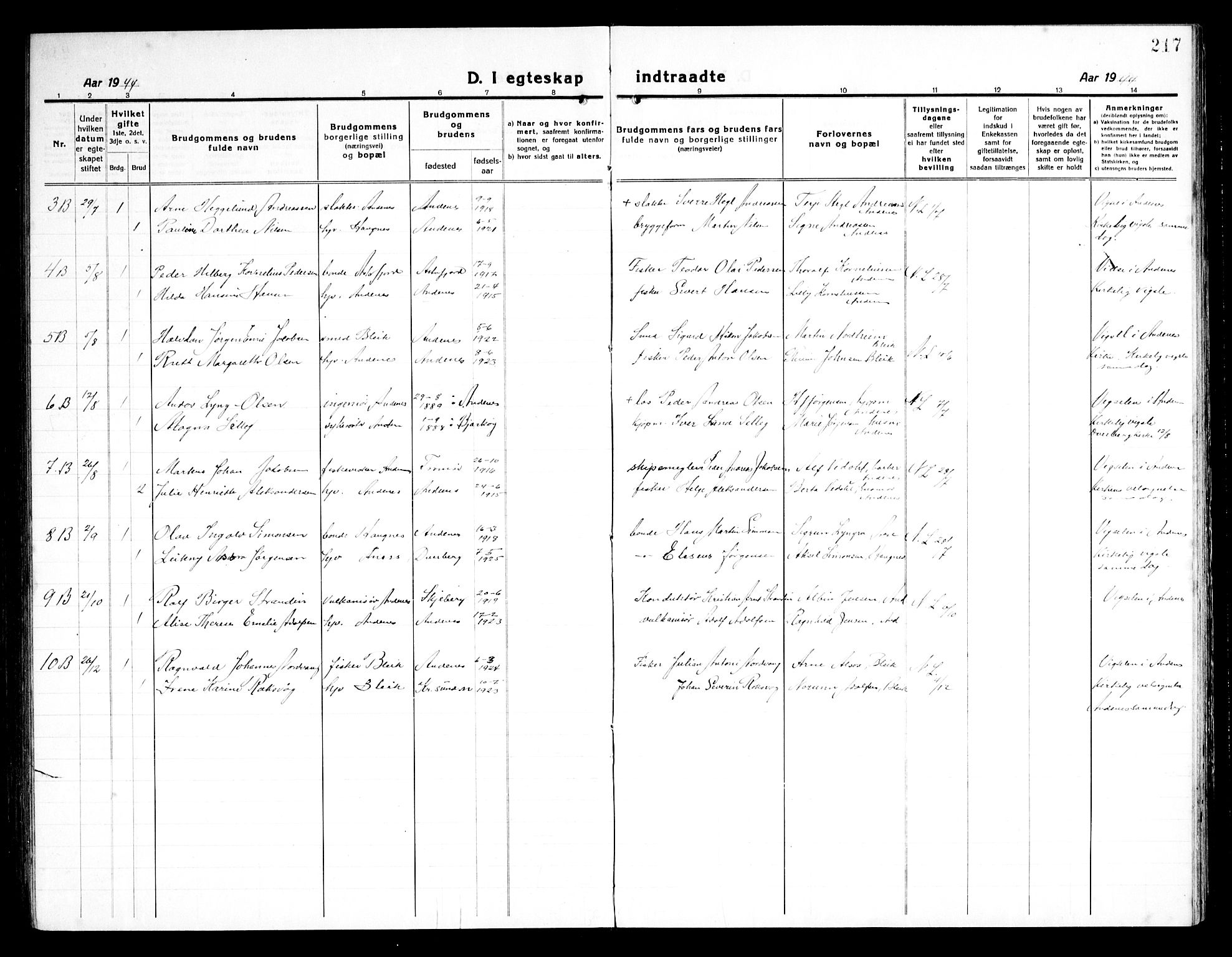 Ministerialprotokoller, klokkerbøker og fødselsregistre - Nordland, SAT/A-1459/899/L1450: Parish register (copy) no. 899C05, 1918-1945, p. 217