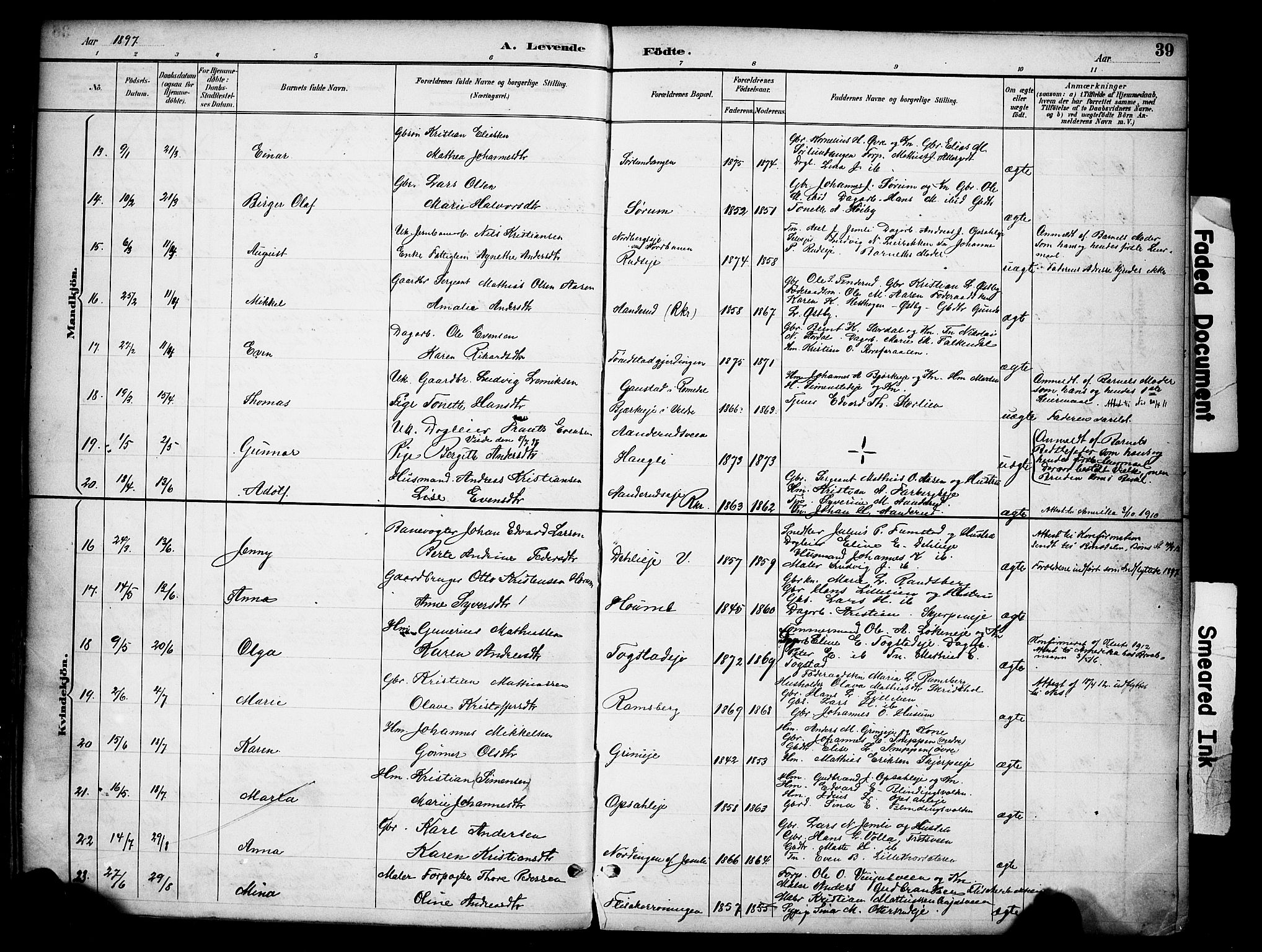 Ringsaker prestekontor, AV/SAH-PREST-014/K/Ka/L0016: Parish register (official) no. 16, 1891-1904, p. 39