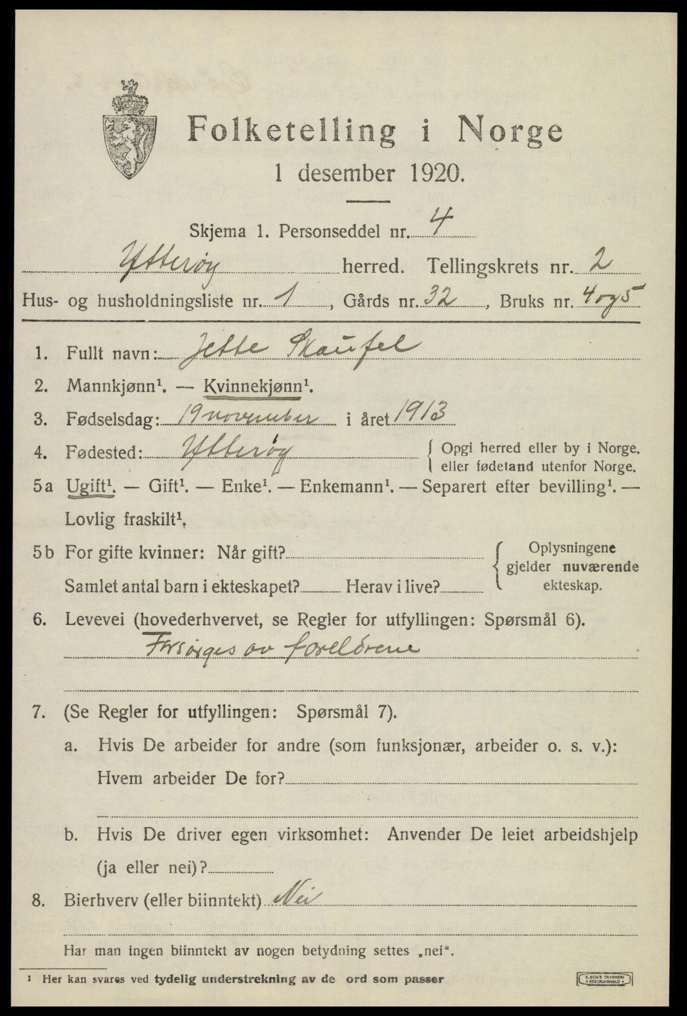 SAT, 1920 census for Ytterøy, 1920, p. 1017