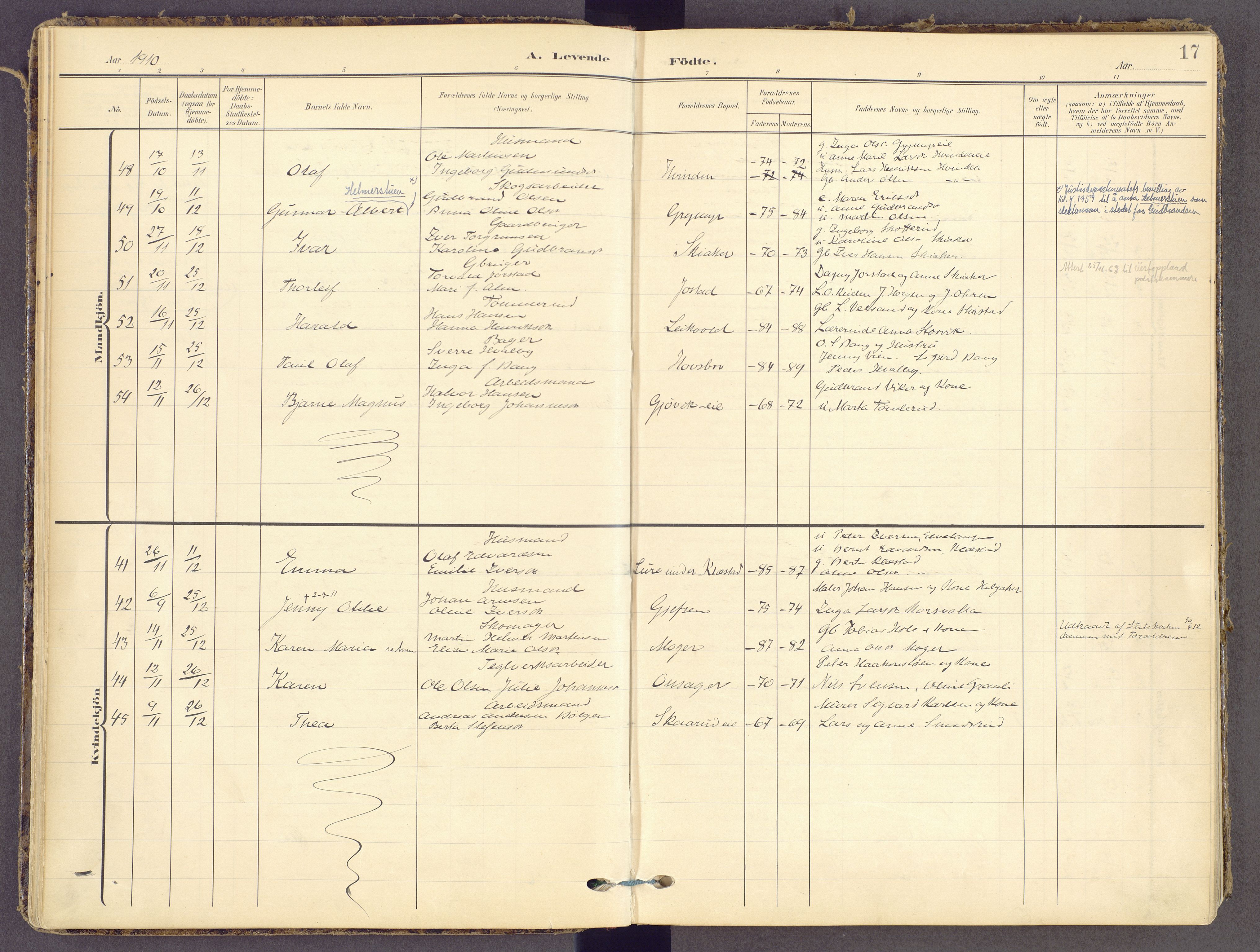 Gran prestekontor, AV/SAH-PREST-112/H/Ha/Haa/L0021: Parish register (official) no. 21, 1908-1932, p. 17