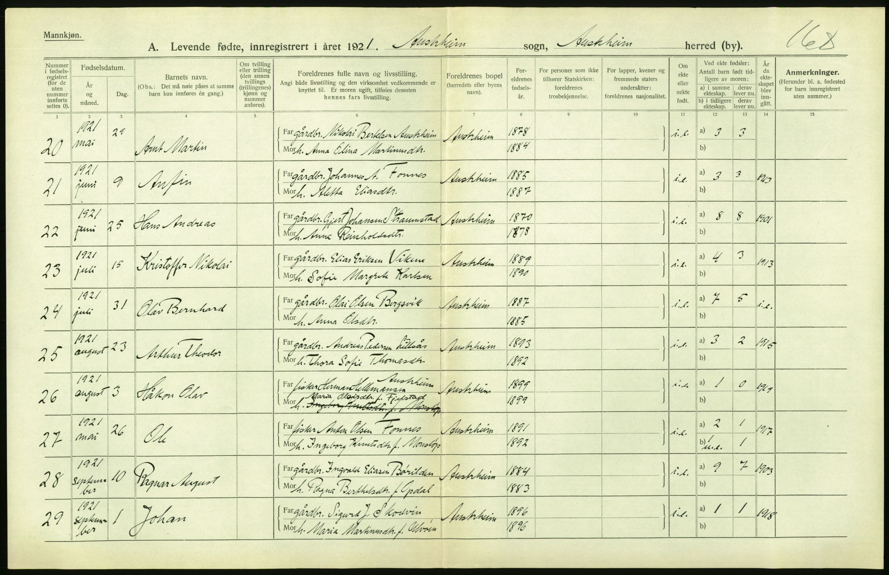 Statistisk sentralbyrå, Sosiodemografiske emner, Befolkning, AV/RA-S-2228/D/Df/Dfc/Dfca/L0031: Hordaland fylke: Levendefødte menn og kvinner. Bygder., 1921, p. 22