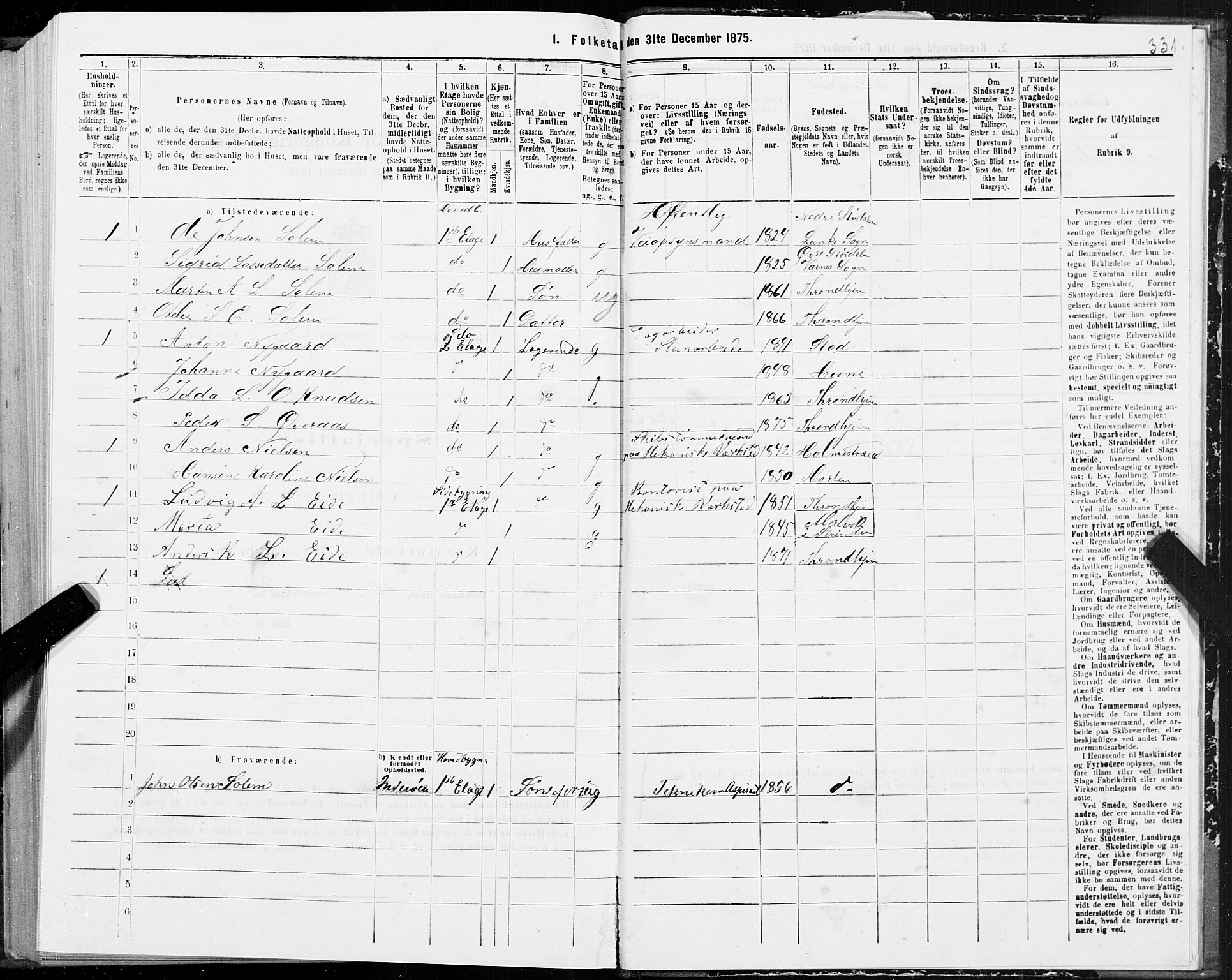 SAT, 1875 census for 1601 Trondheim, 1875, p. 10331