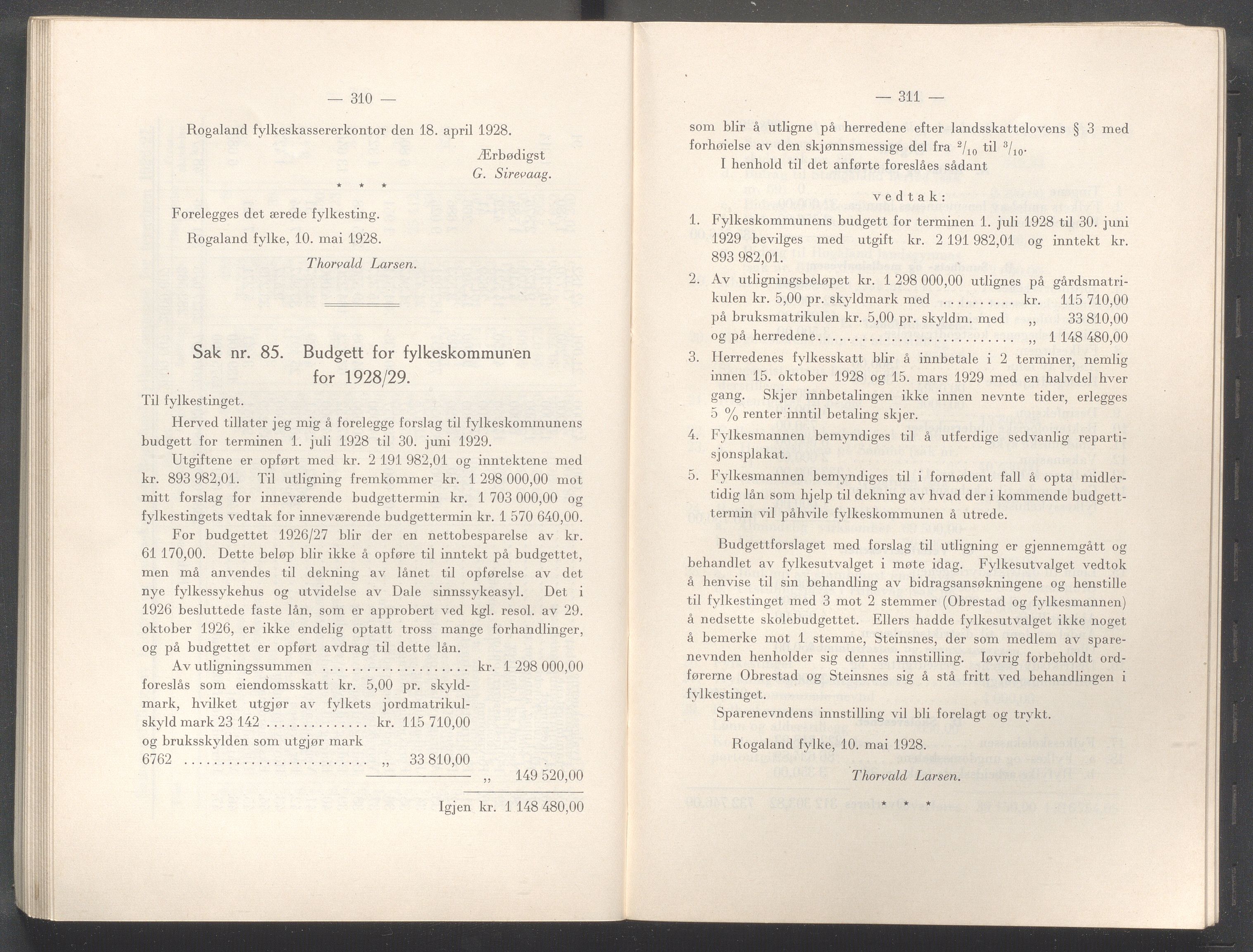 Rogaland fylkeskommune - Fylkesrådmannen , IKAR/A-900/A/Aa/Aaa/L0047: Møtebok , 1928, p. 310-311