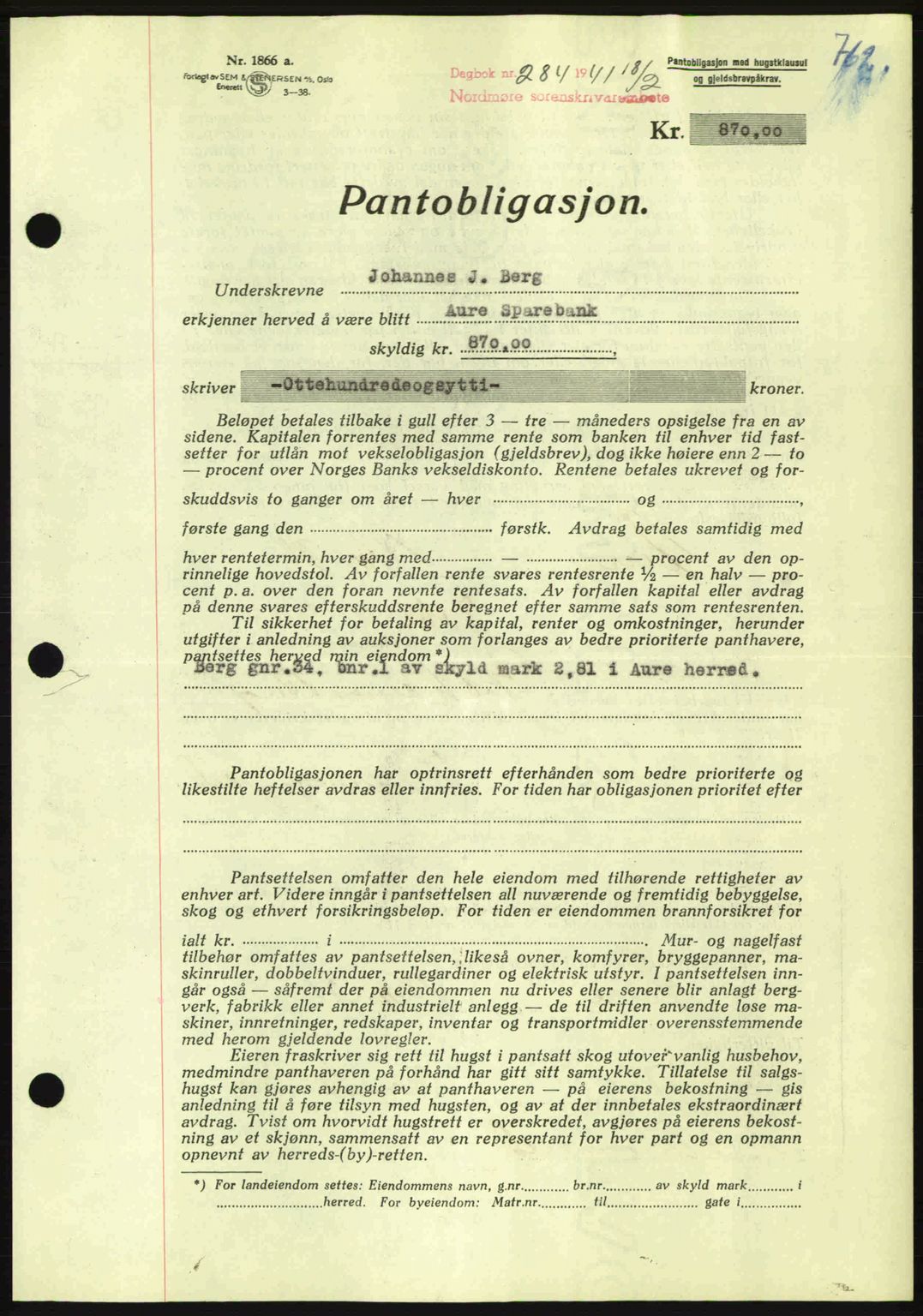 Nordmøre sorenskriveri, AV/SAT-A-4132/1/2/2Ca: Mortgage book no. B87, 1940-1941, Diary no: : 284/1941