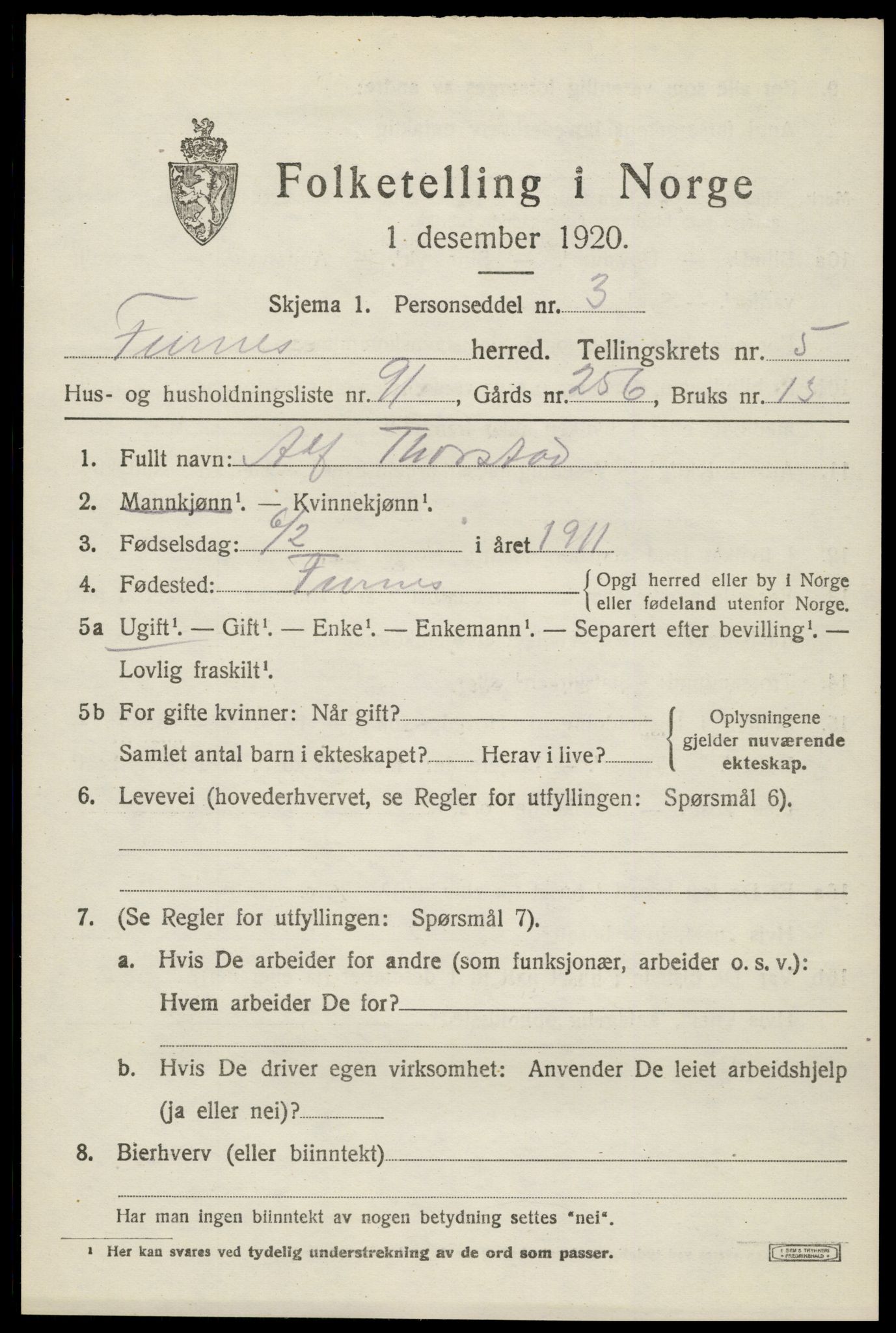 SAH, 1920 census for Furnes, 1920, p. 8153