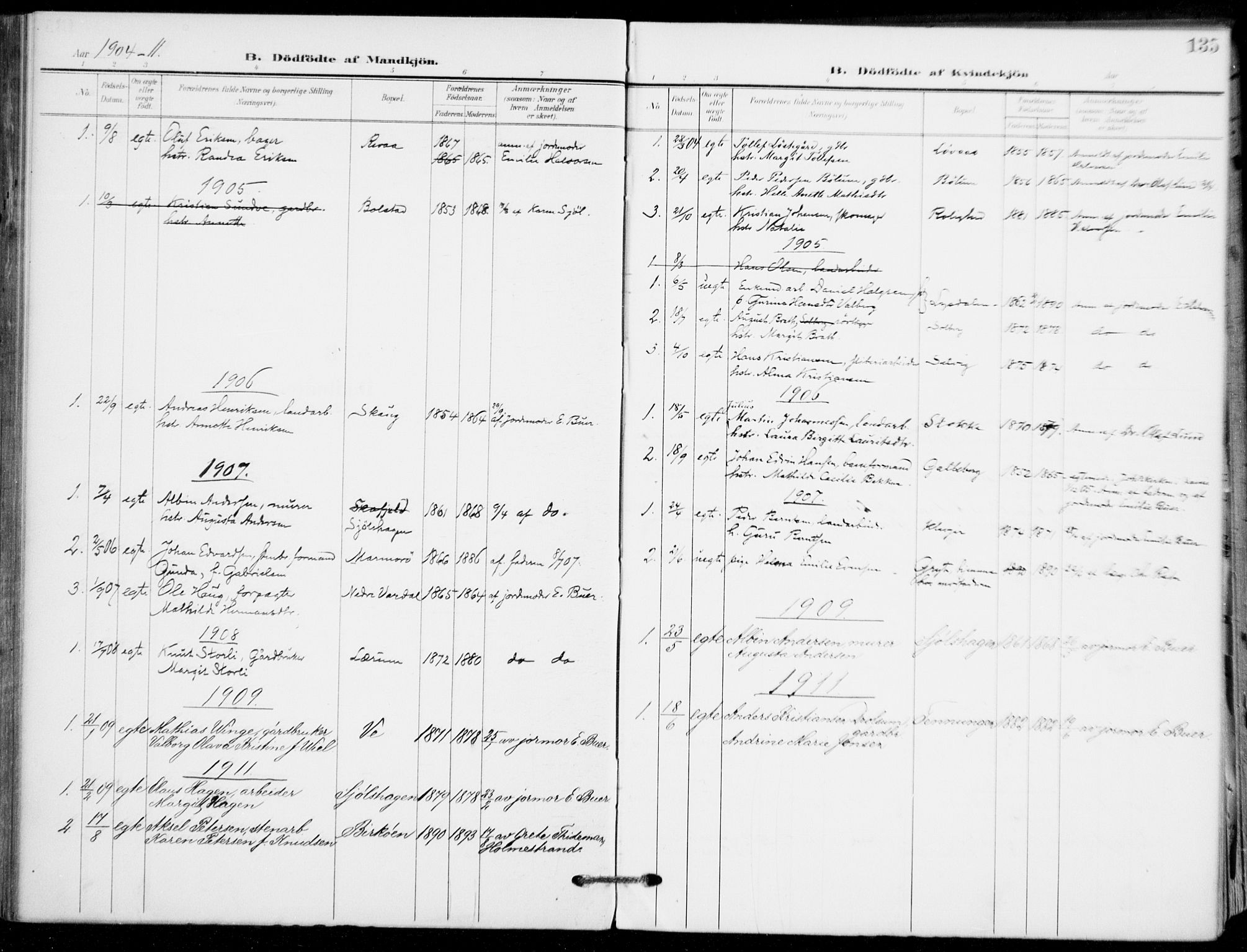 Sande Kirkebøker, SAKO/A-53/F/Fa/L0008: Parish register (official) no. 8, 1904-1921, p. 135