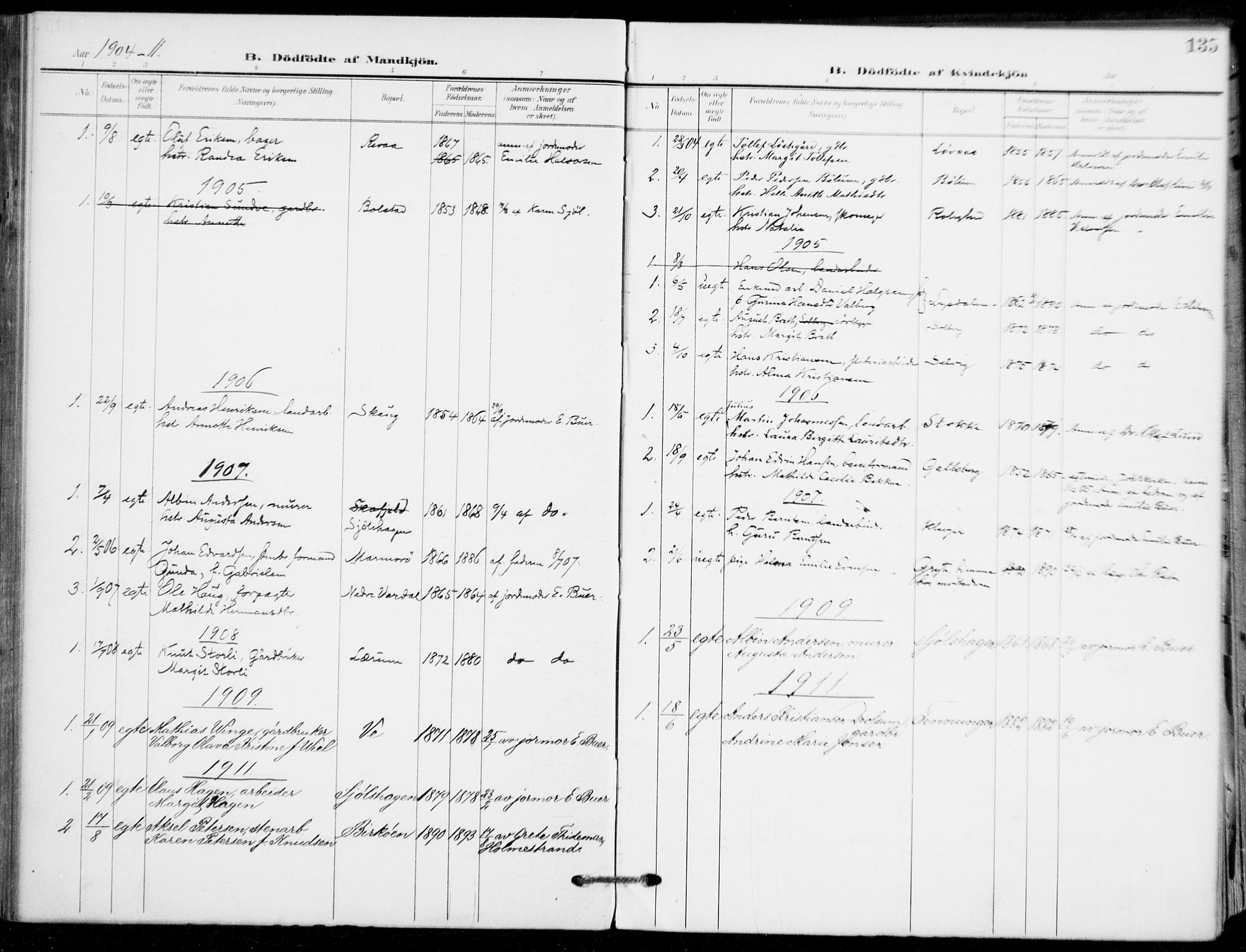 Sande Kirkebøker, AV/SAKO-A-53/F/Fa/L0008: Parish register (official) no. 8, 1904-1921, p. 135