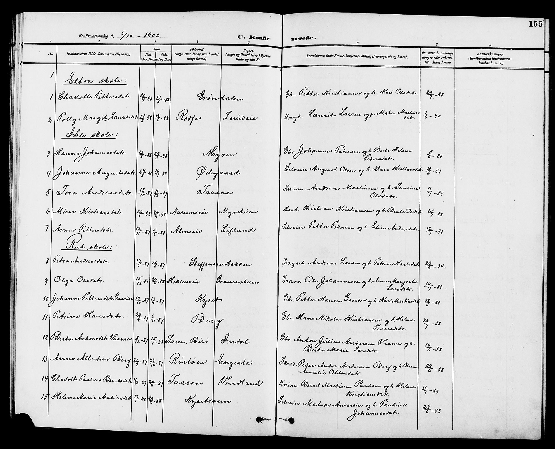 Vestre Toten prestekontor, AV/SAH-PREST-108/H/Ha/Hab/L0010: Parish register (copy) no. 10, 1900-1912, p. 155