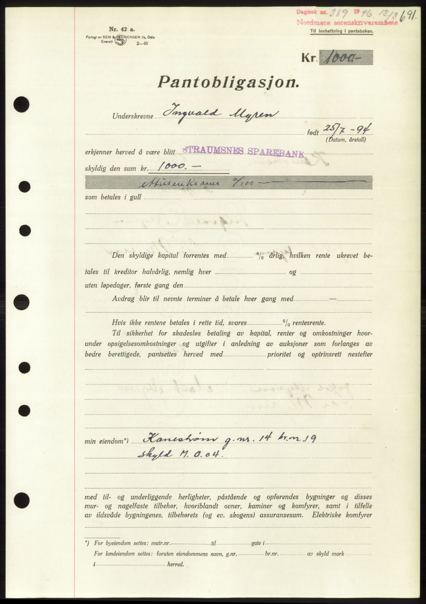 Nordmøre sorenskriveri, AV/SAT-A-4132/1/2/2Ca: Mortgage book no. B93b, 1946-1946, Diary no: : 389/1946