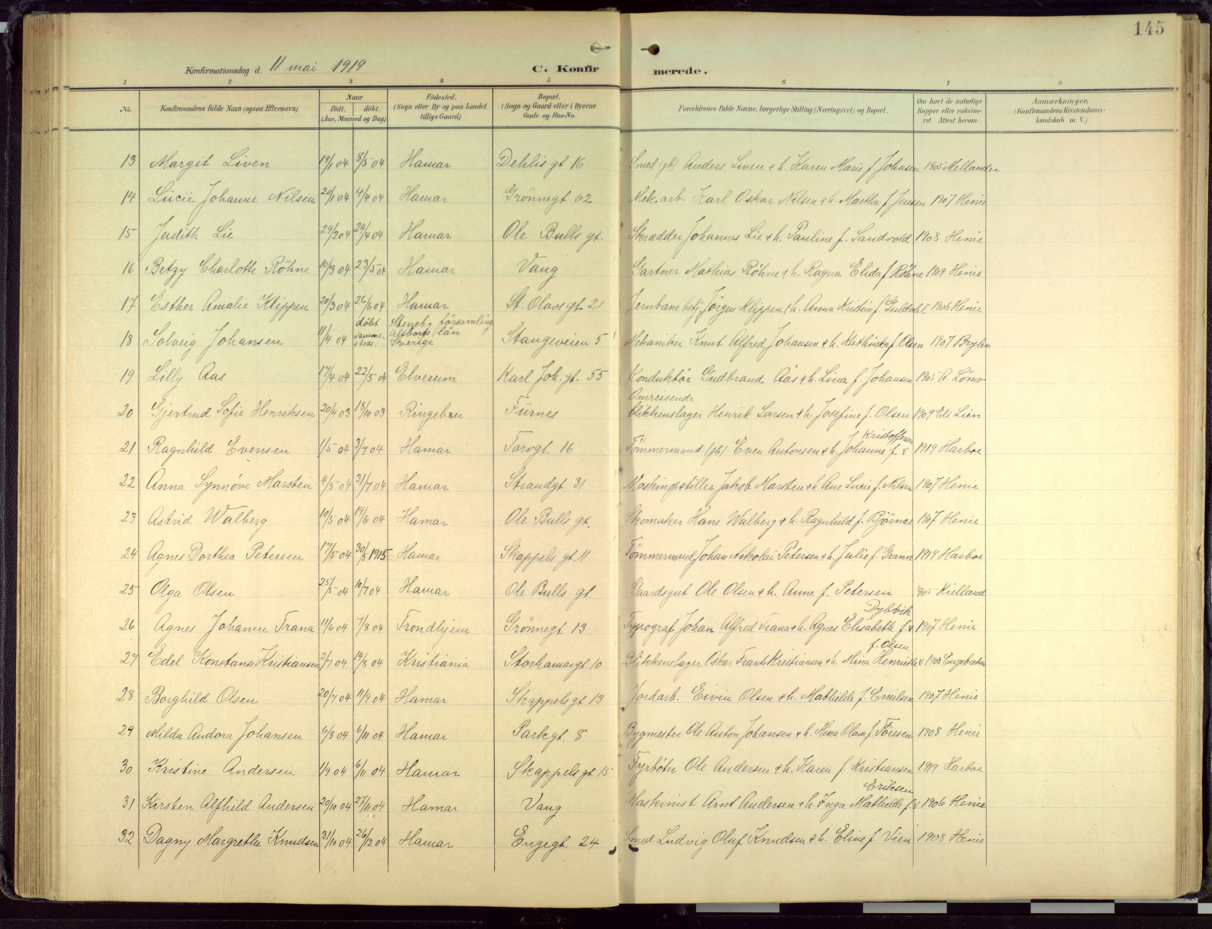 Hamar prestekontor, AV/SAH-DOMPH-002/H/Ha/Haa/L0004: Parish register (official) no. 4, 1899-1973, p. 145