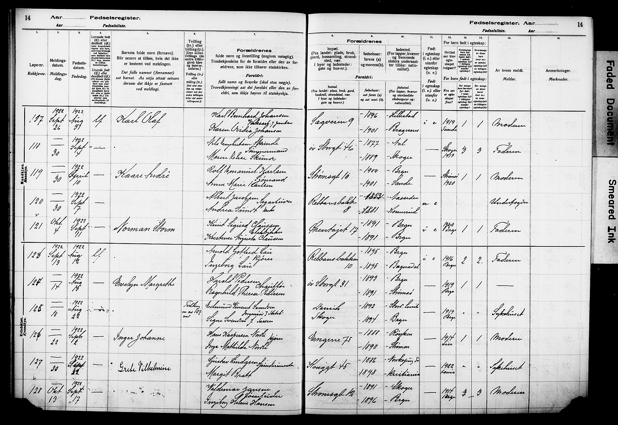 Bragernes kirkebøker, AV/SAKO-A-6/J/Ja/L0002: Birth register no. 2, 1922-1930, p. 14