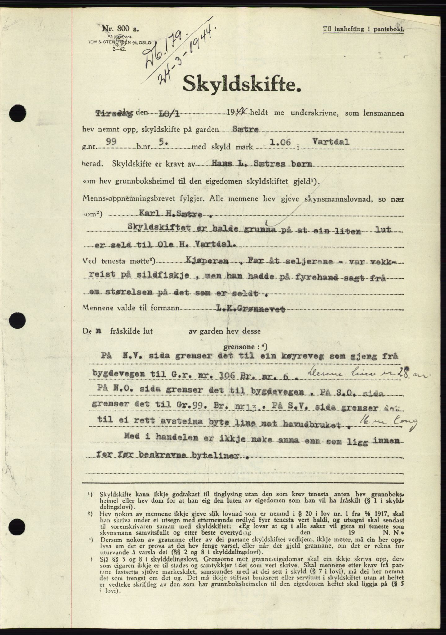 Søre Sunnmøre sorenskriveri, AV/SAT-A-4122/1/2/2C/L0076: Mortgage book no. 2A, 1943-1944, Diary no: : 179/1944