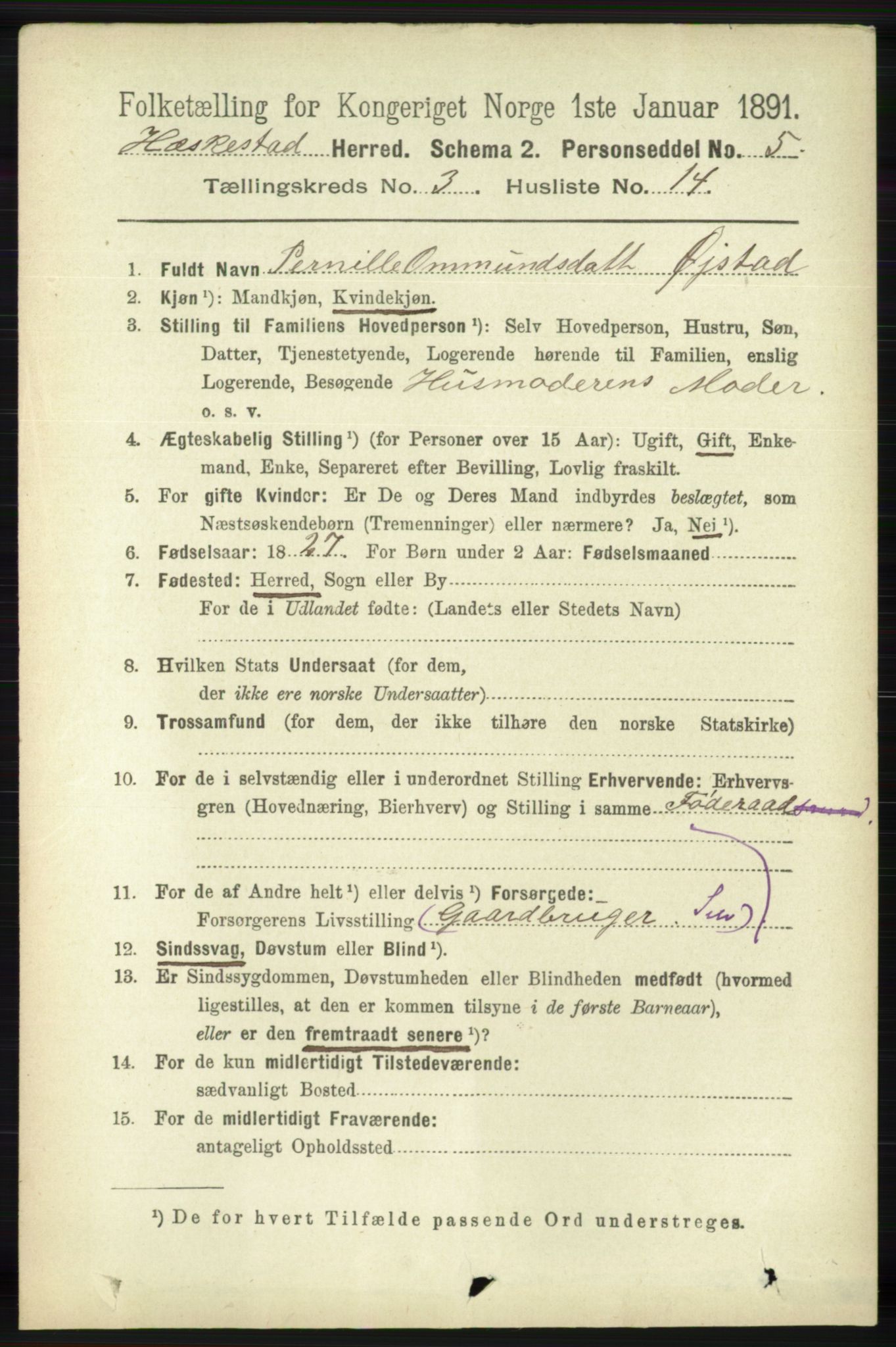 RA, 1891 census for 1113 Heskestad, 1891, p. 488