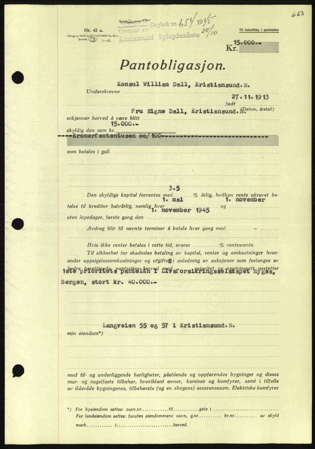 Kristiansund byfogd, SAT/A-4587/A/27: Mortgage book no. 37-38, 1943-1945, Diary no: : 654/1945