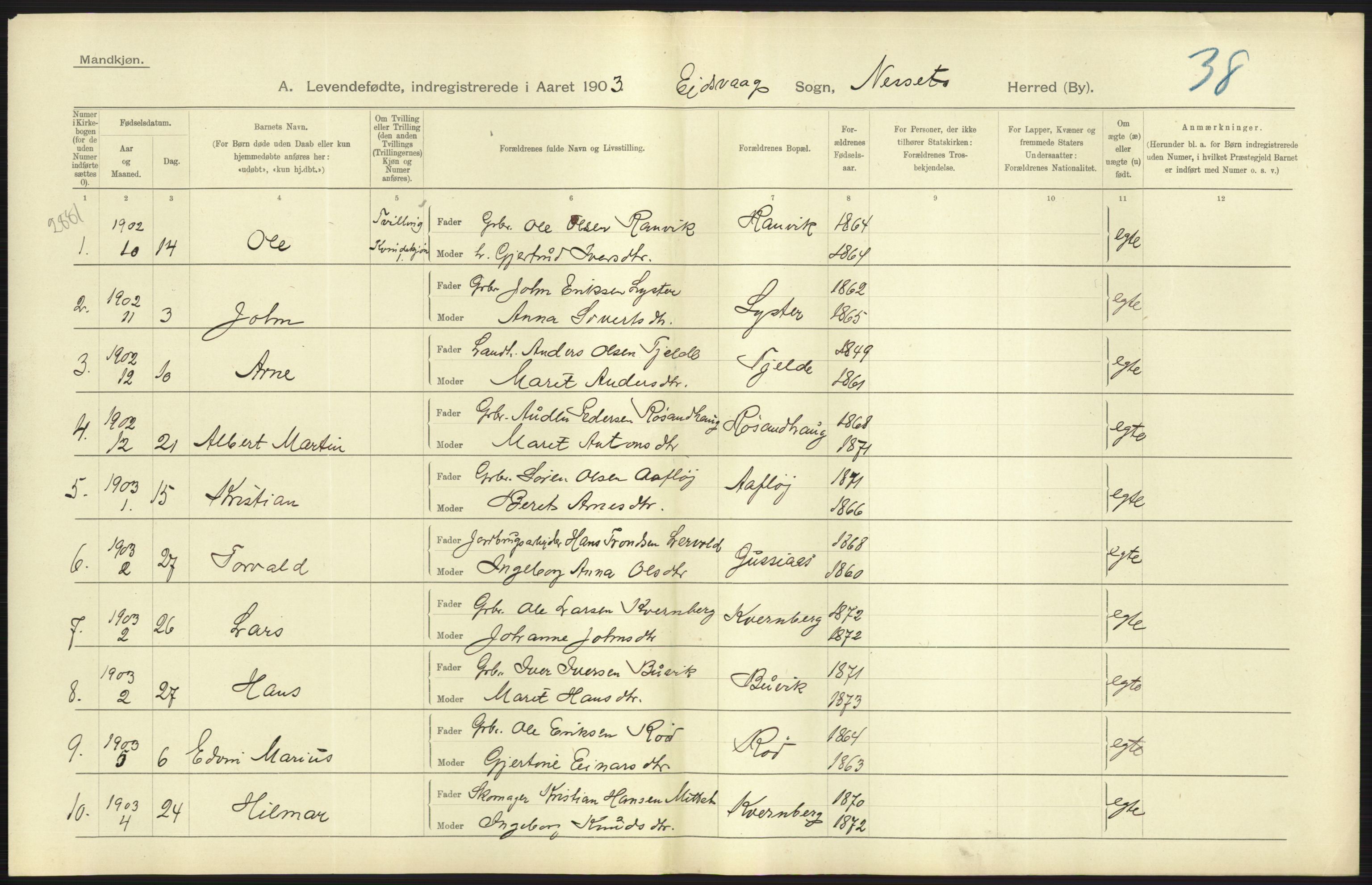 Statistisk sentralbyrå, Sosiodemografiske emner, Befolkning, AV/RA-S-2228/D/Df/Dfa/Dfaa/L0016: Romsdal amt: Fødte, gifte, døde., 1903, p. 77