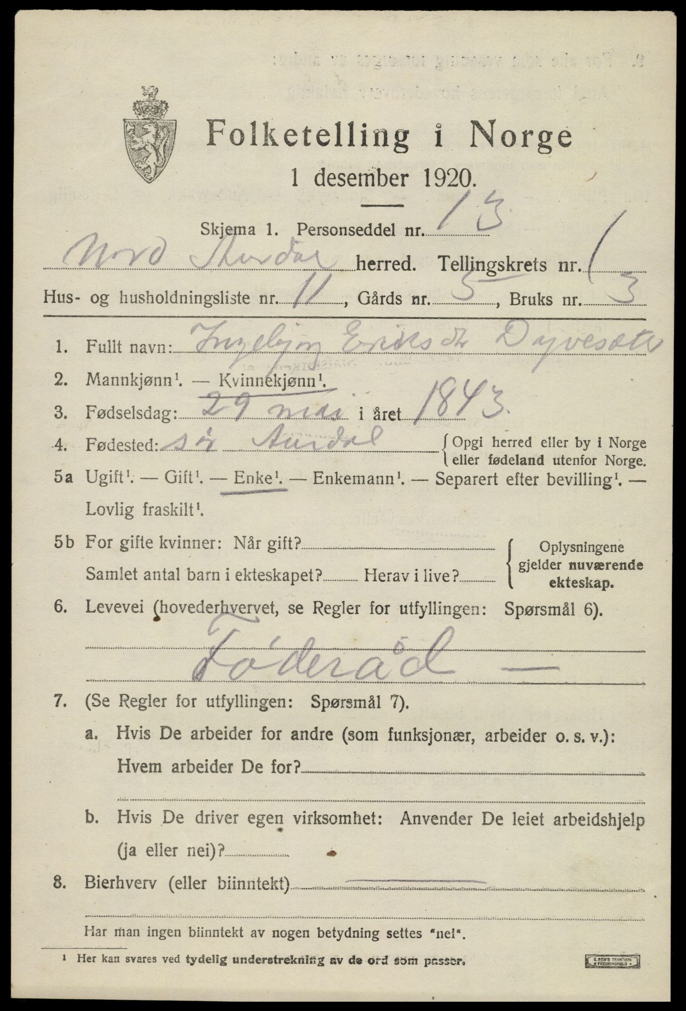 SAH, 1920 census for Nord-Aurdal, 1920, p. 2016