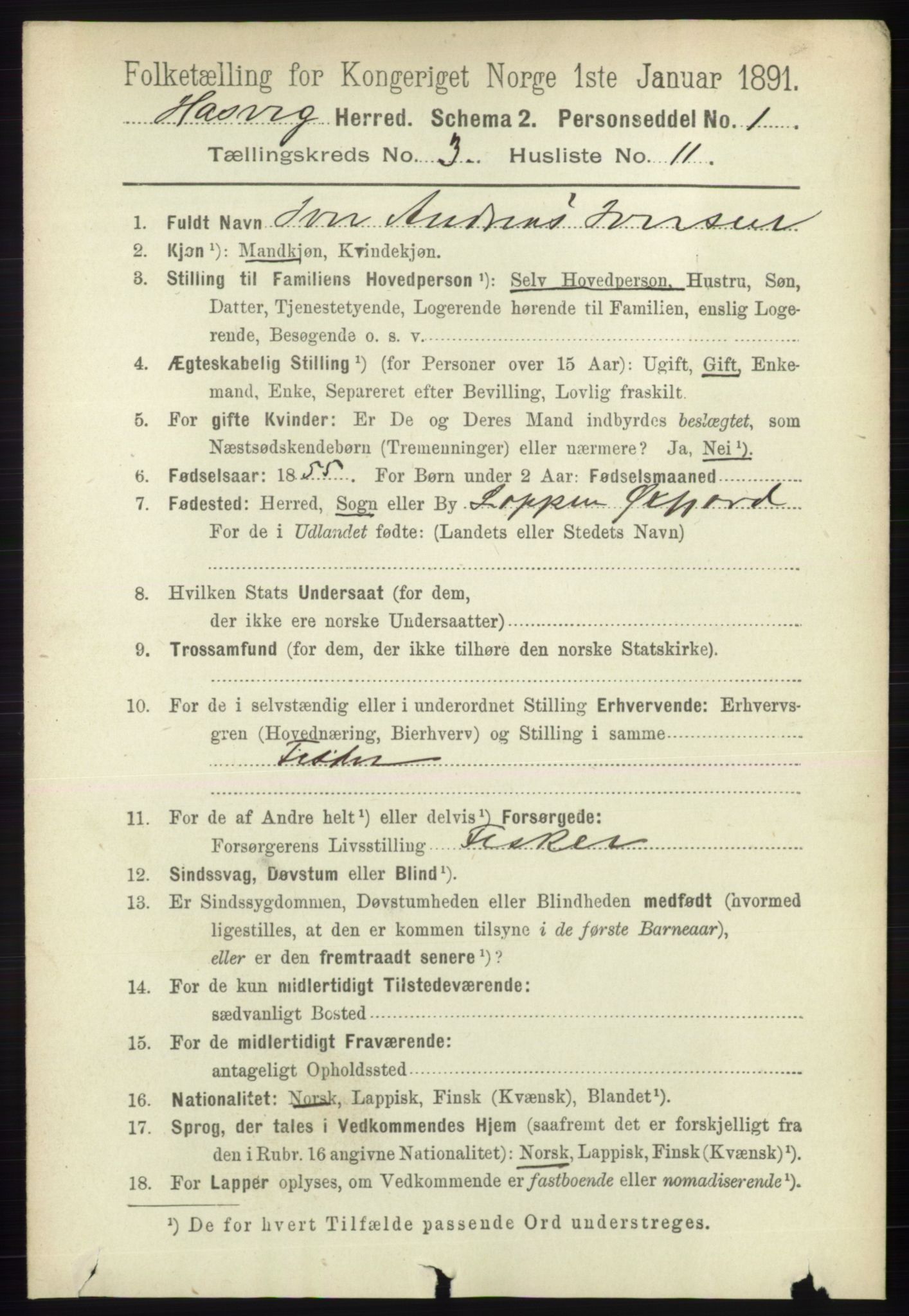 RA, 1891 census for 2015 Hasvik, 1891, p. 460