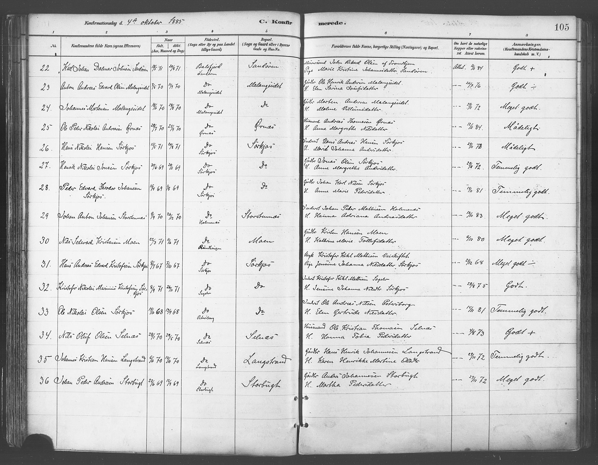Balsfjord sokneprestembete, SATØ/S-1303/G/Ga/L0005kirke: Parish register (official) no. 5, 1884-1897, p. 105