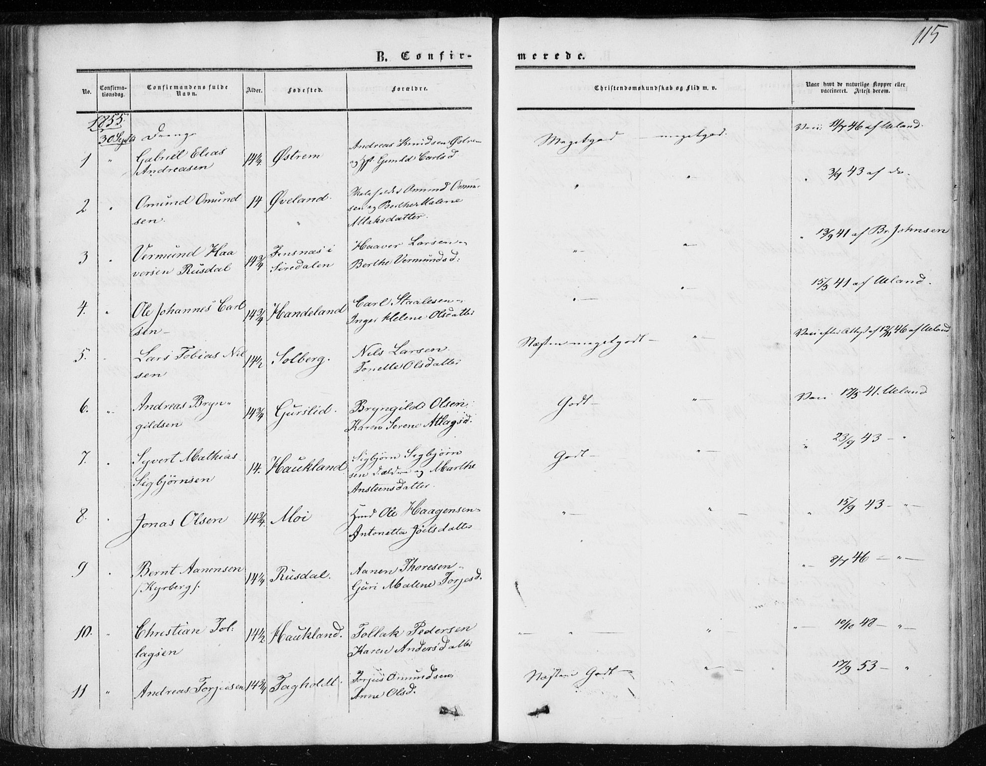 Lund sokneprestkontor, AV/SAST-A-101809/S06/L0009: Parish register (official) no. A 8, 1853-1877, p. 115