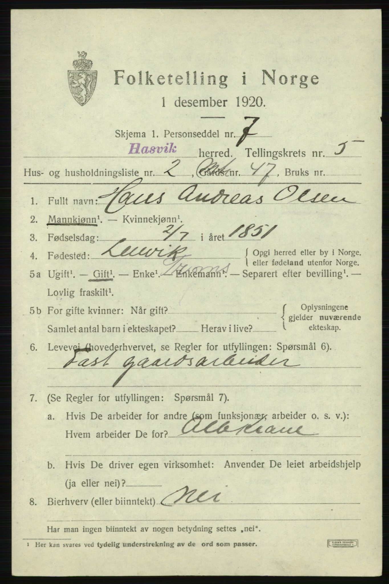 SATØ, 1920 census for Hasvik, 1920, p. 2337