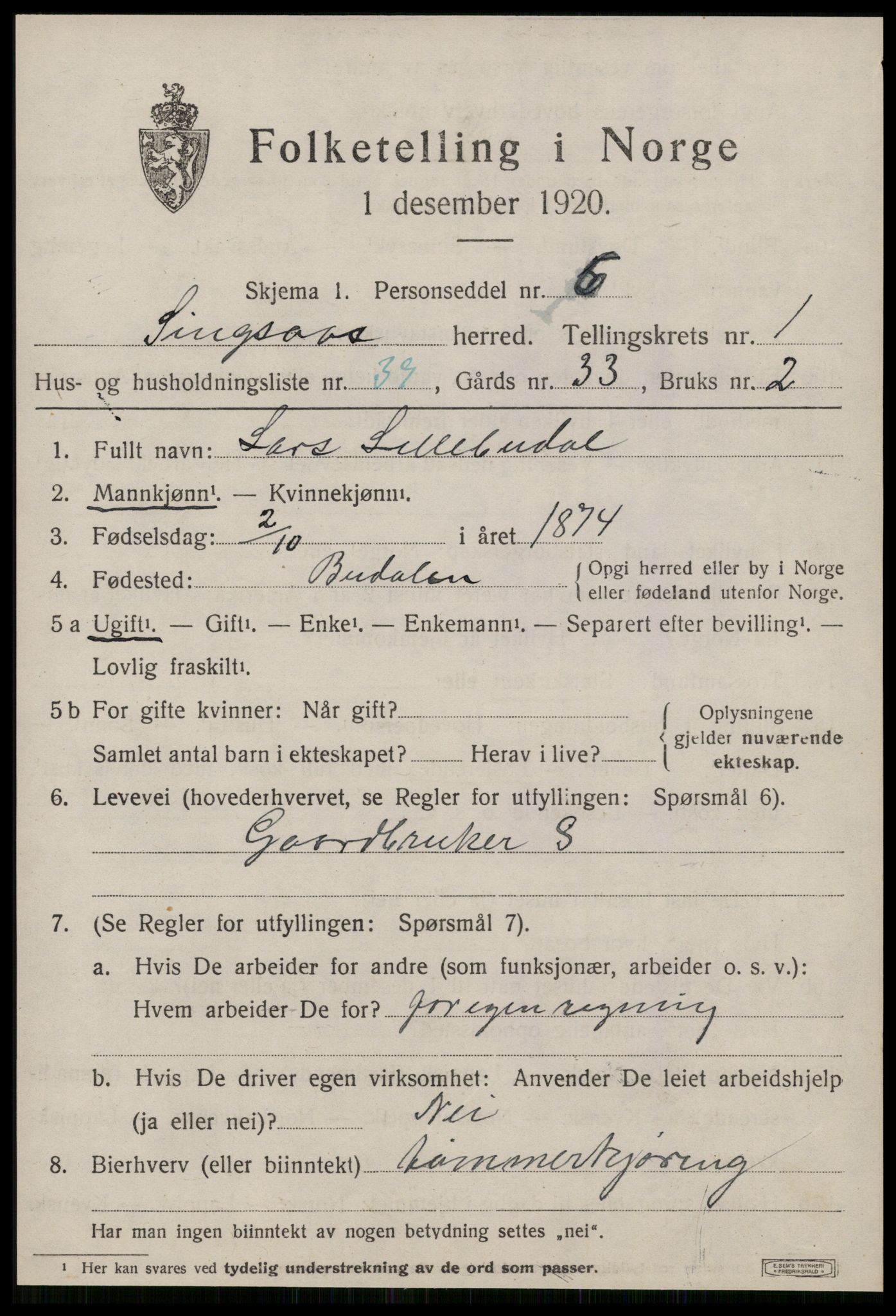 SAT, 1920 census for Singsås, 1920, p. 1117