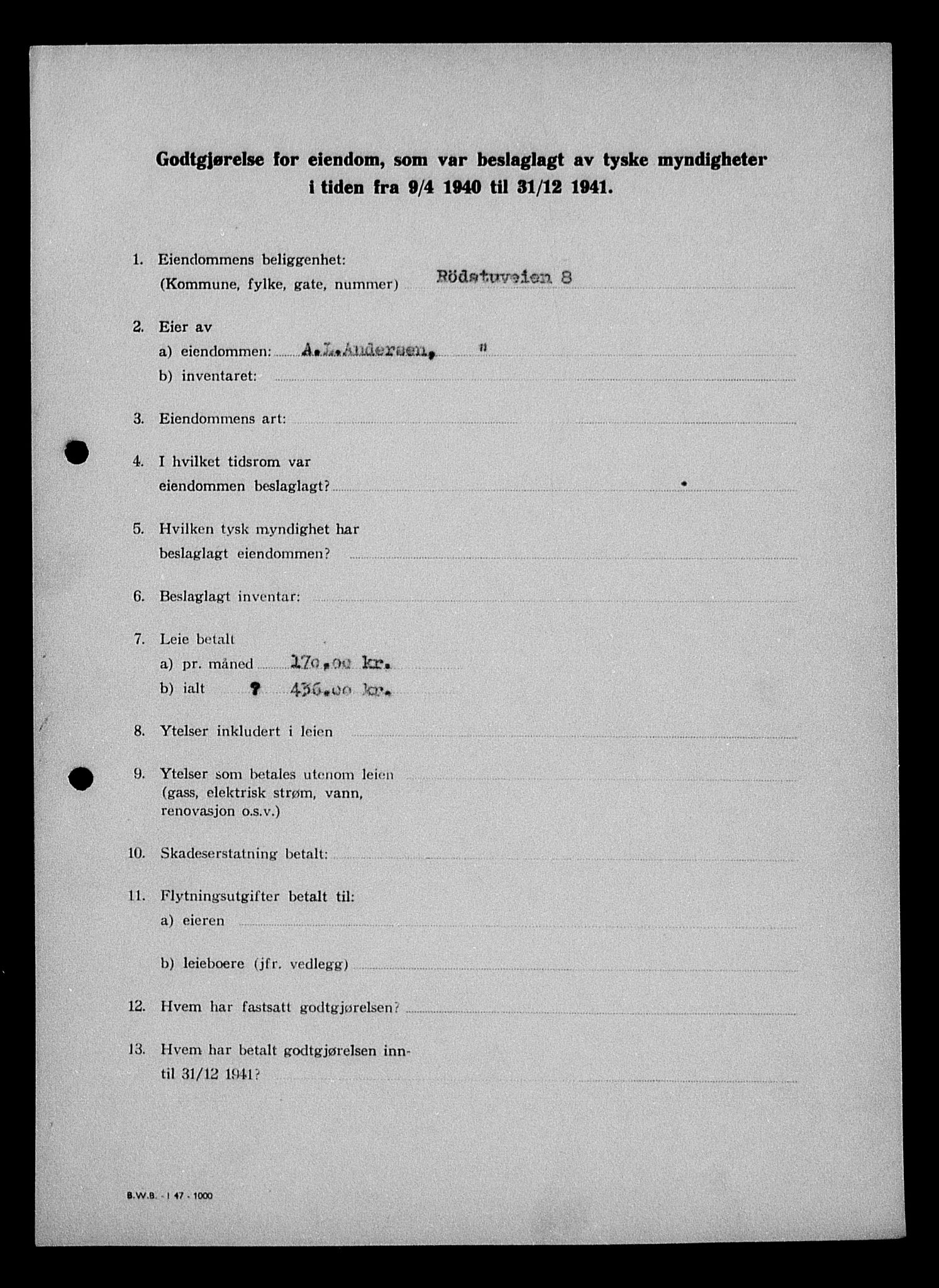 Justisdepartementet, Tilbakeføringskontoret for inndratte formuer, AV/RA-S-1564/I/L1010: Godtgjørelse for beslaglagt eiendom, 1940-1941, p. 318