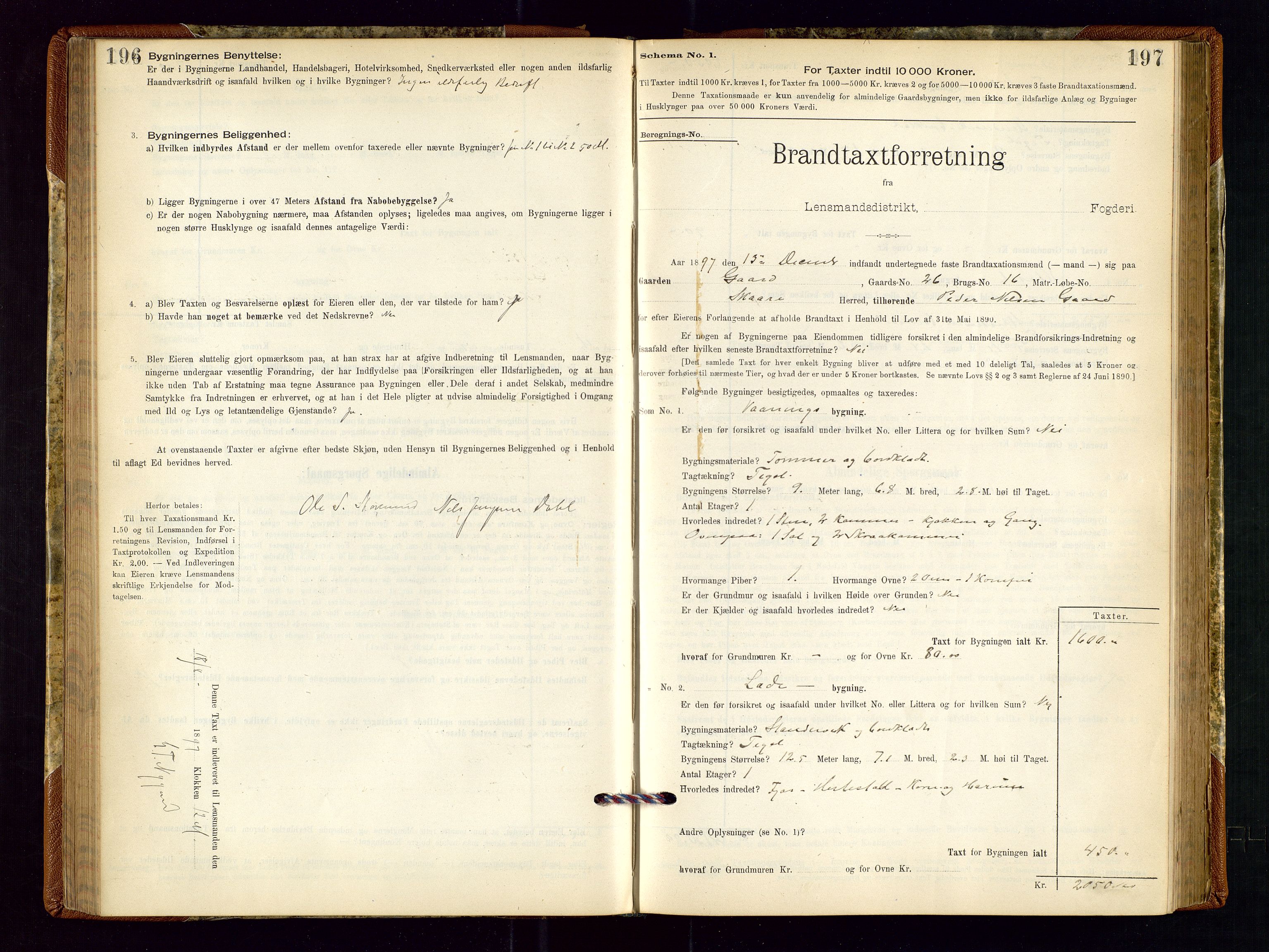 Torvestad lensmannskontor, SAST/A-100307/1/Gob/L0001: "Brandtaxationsprotokol for Torvestad Lensmannsdistrikt", 1895-1904, p. 196-197