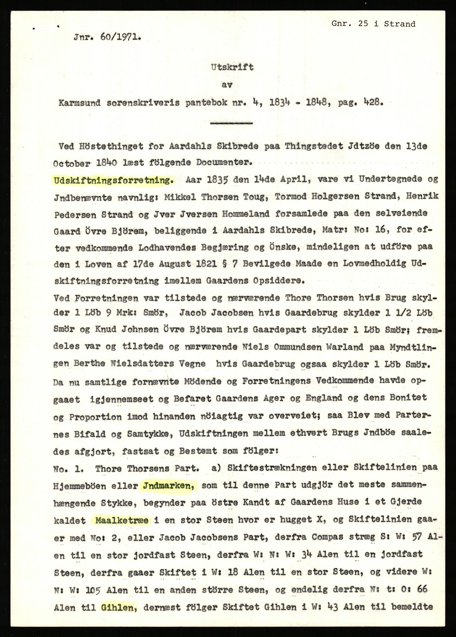 Statsarkivet i Stavanger, AV/SAST-A-101971/03/Y/Yj/L0009: Avskrifter sortert etter gårdsnavn: Bjerge indre - Bjørndalen søndre, 1750-1930, p. 470