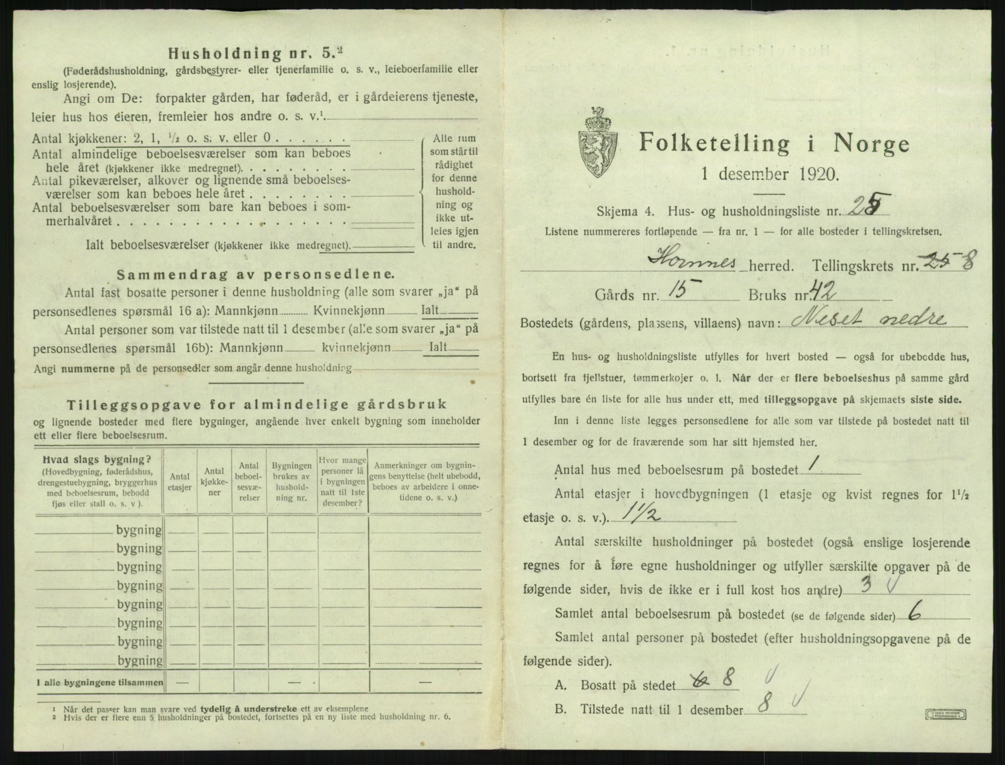 SAK, 1920 census for Hornnes, 1920, p. 343