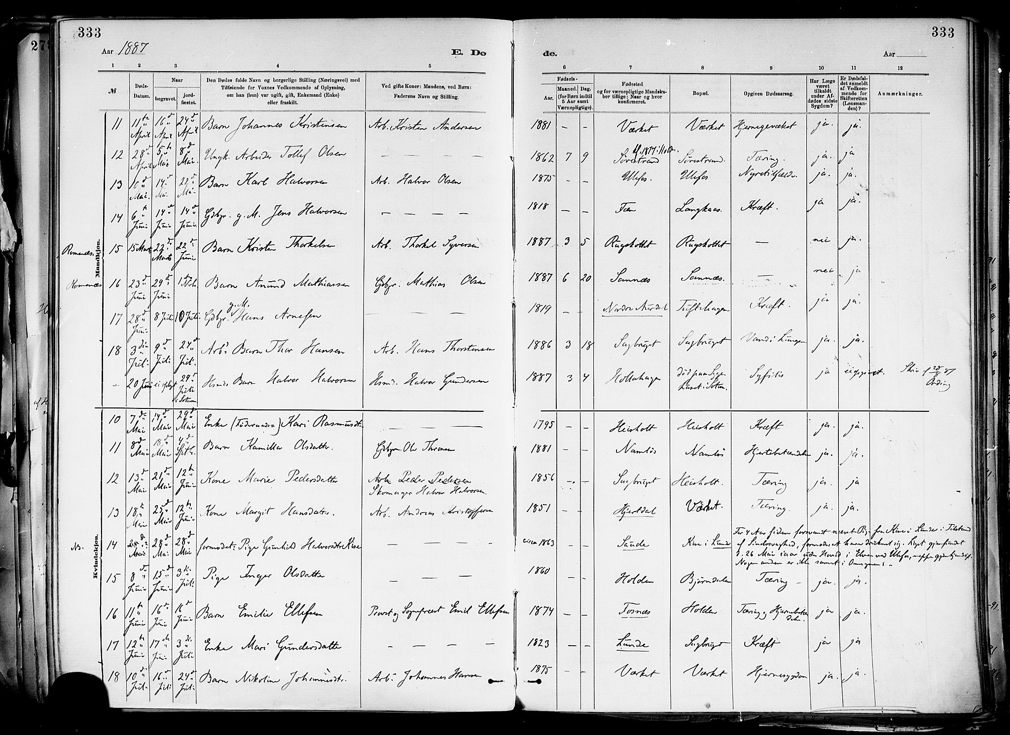 Holla kirkebøker, AV/SAKO-A-272/F/Fa/L0008: Parish register (official) no. 8, 1882-1897, p. 333