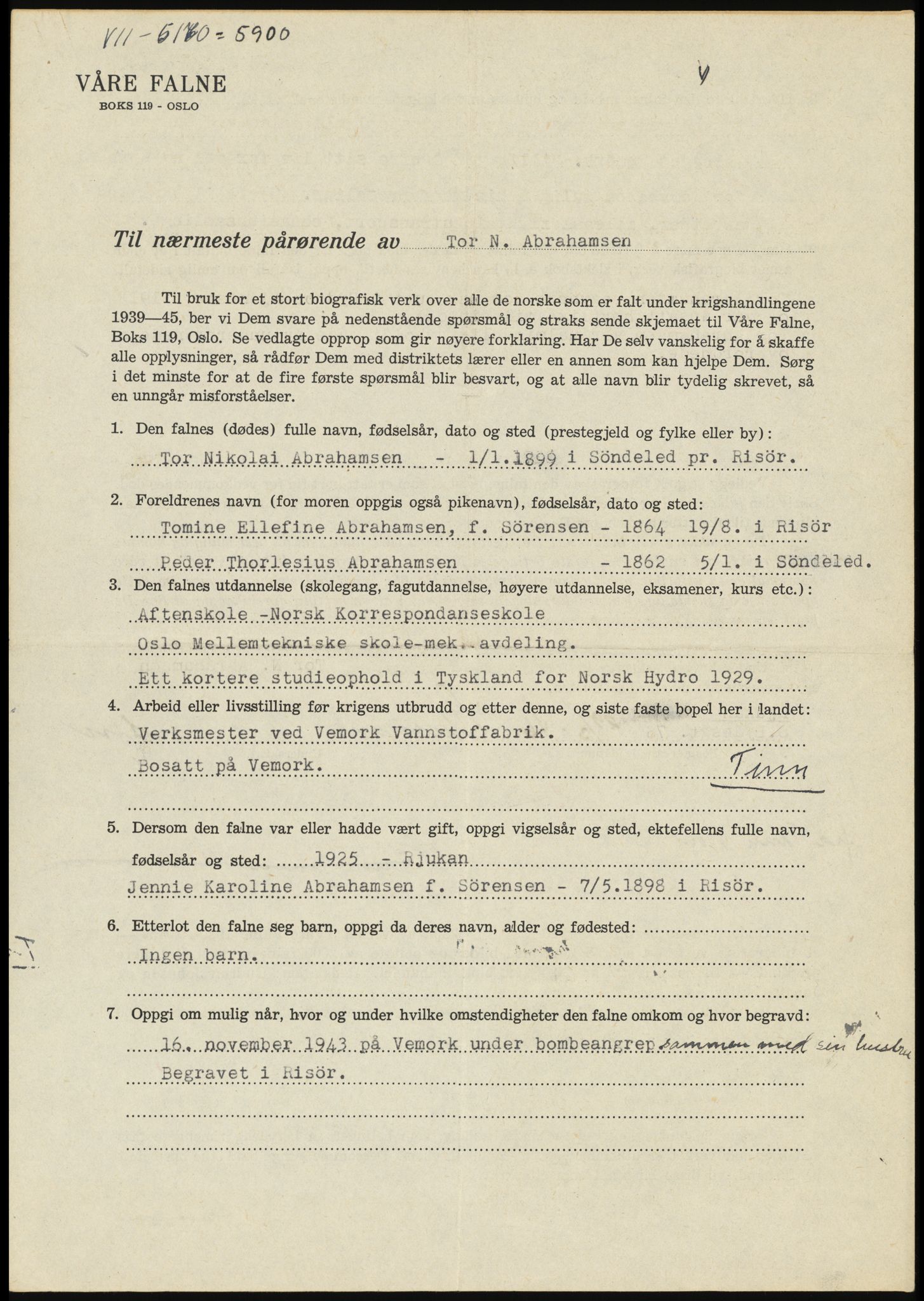 Sosialdepartementet, Våre Falne, AV/RA-S-1708/E/Ee/L0025: Personmapper: Abelsen 01 - Amundsen, H. 65, 1945-1951, p. 355