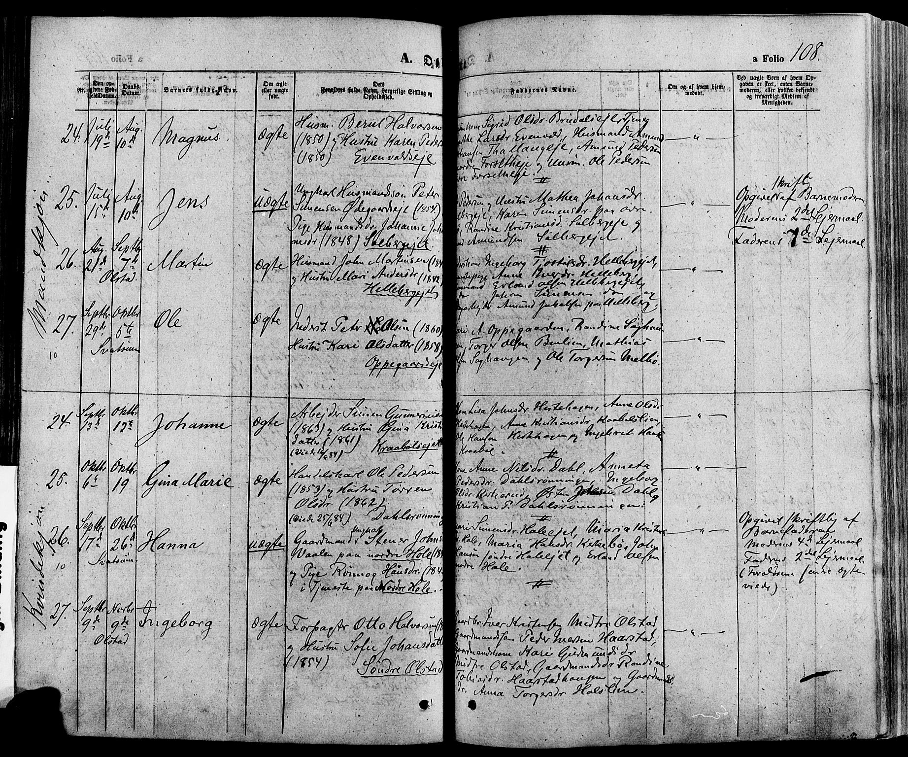 Gausdal prestekontor, AV/SAH-PREST-090/H/Ha/Haa/L0010: Parish register (official) no. 10, 1867-1886, p. 108