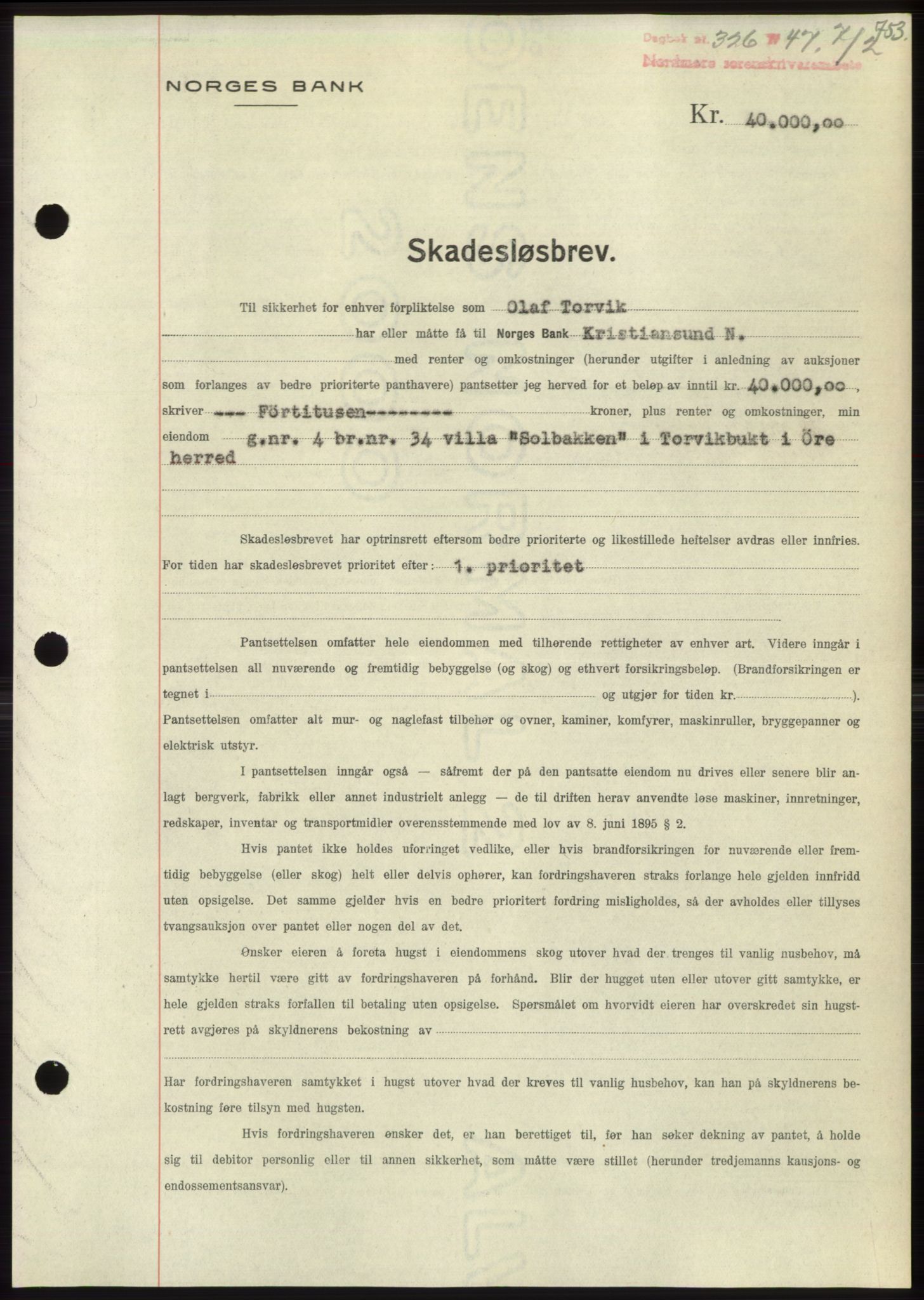 Nordmøre sorenskriveri, AV/SAT-A-4132/1/2/2Ca: Mortgage book no. B95, 1946-1947, Diary no: : 326/1947