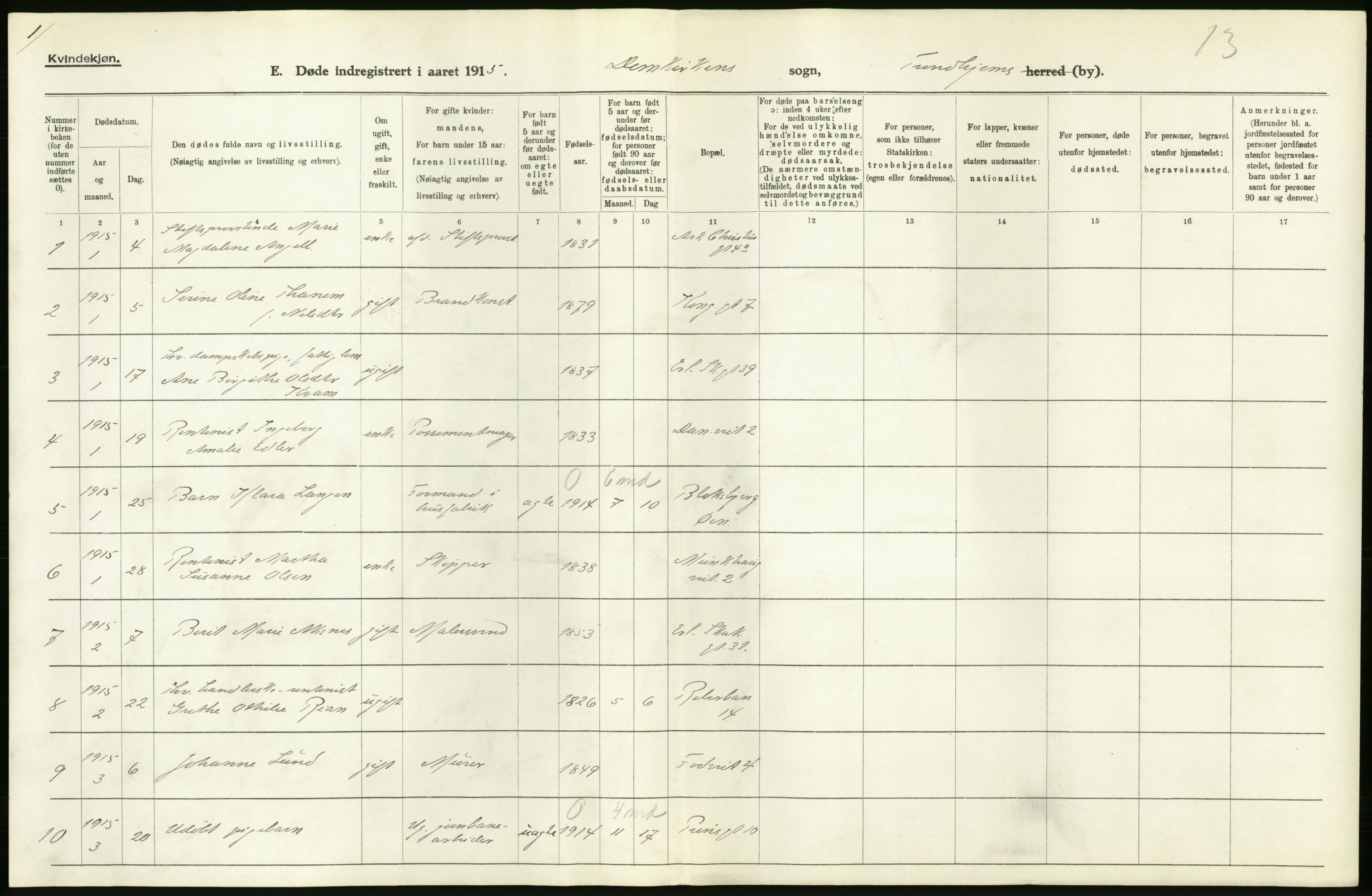 Statistisk sentralbyrå, Sosiodemografiske emner, Befolkning, AV/RA-S-2228/D/Df/Dfb/Dfbe/L0044: Trondhjem: Gifte, døde, dødfødte., 1915, p. 292