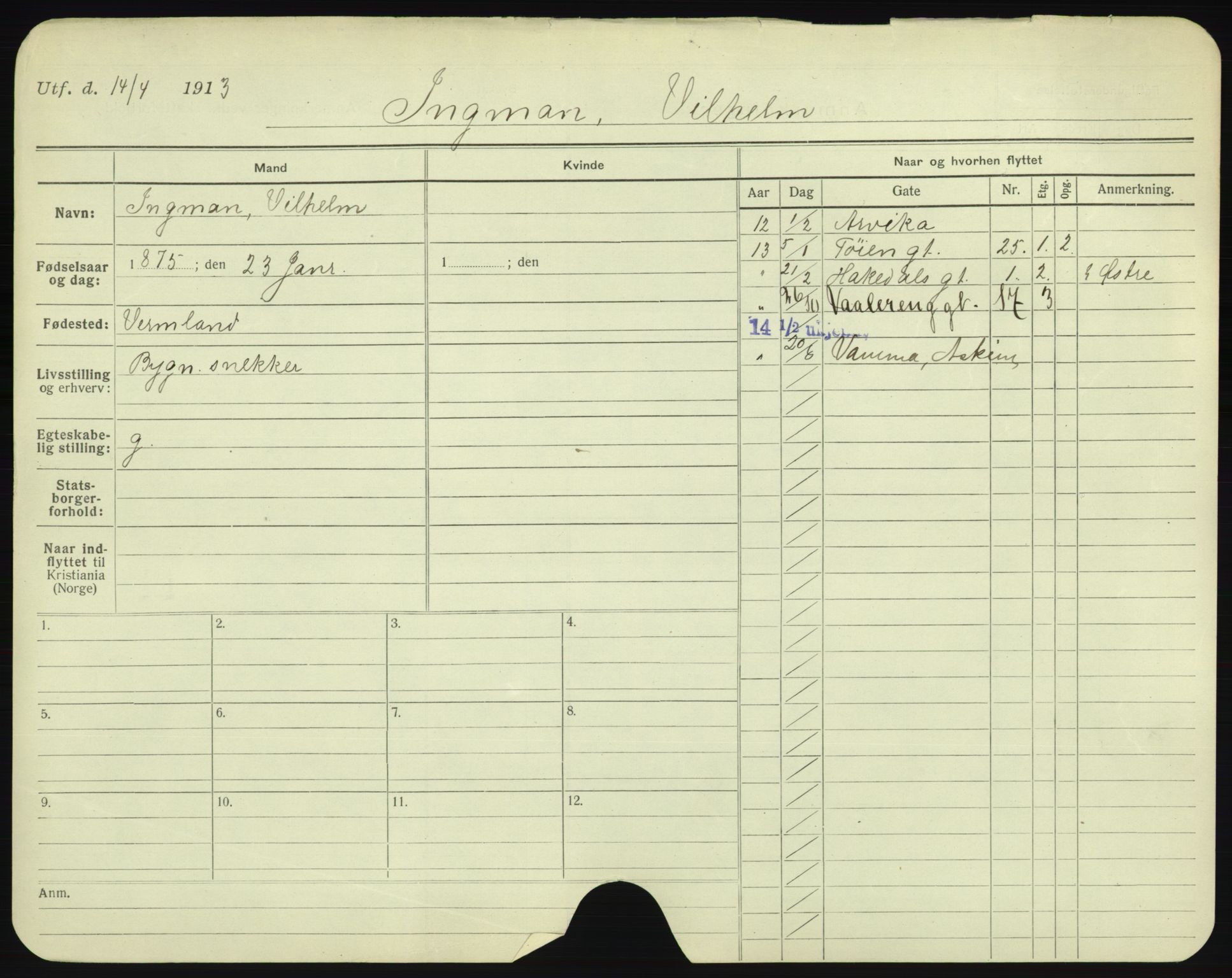 Oslo folkeregister, Registerkort, AV/SAO-A-11715/F/Fa/Fac/L0005: Menn, 1906-1914, p. 14a