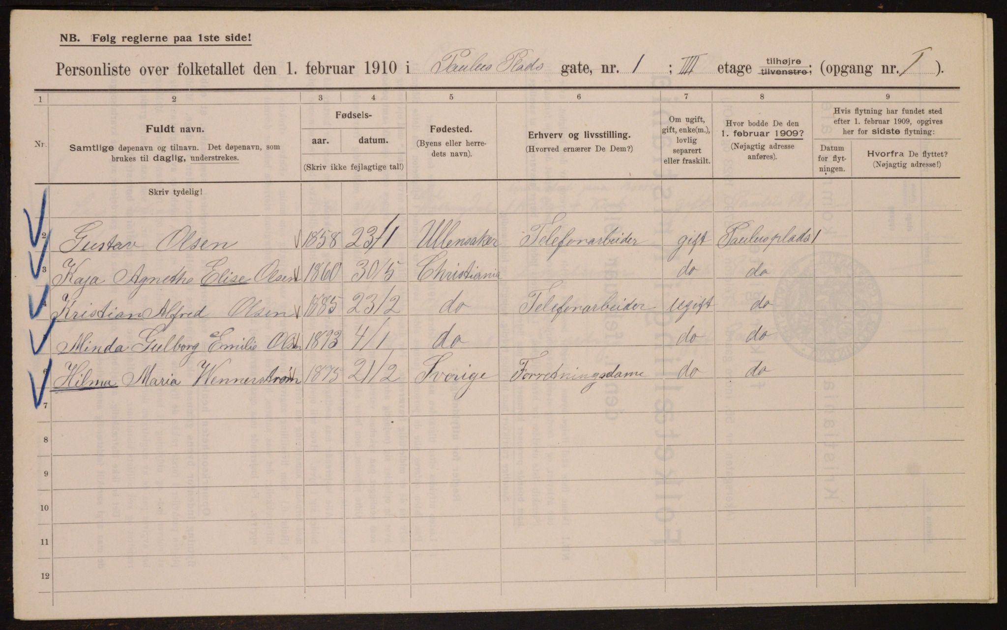 OBA, Municipal Census 1910 for Kristiania, 1910, p. 75496