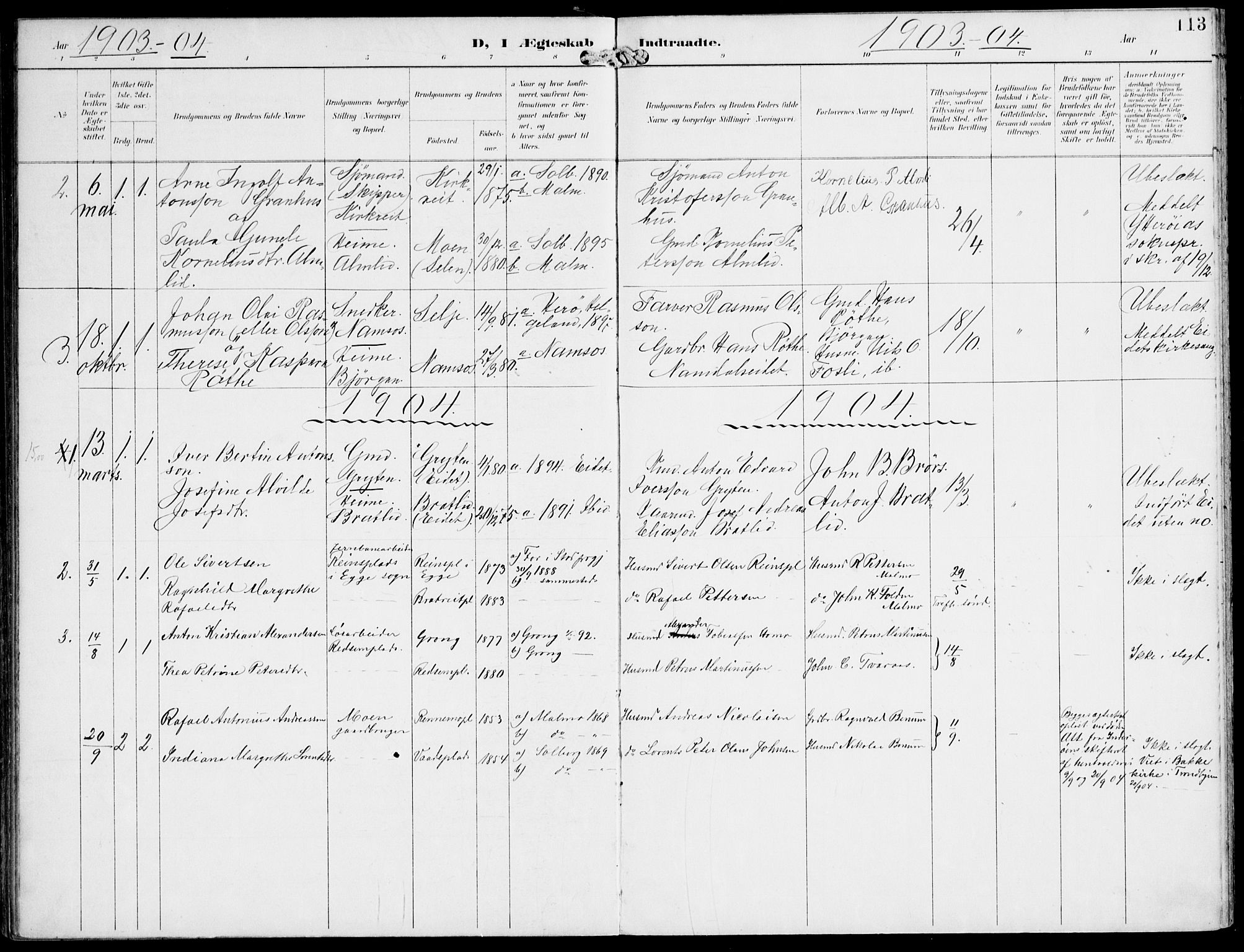 Ministerialprotokoller, klokkerbøker og fødselsregistre - Nord-Trøndelag, SAT/A-1458/745/L0430: Parish register (official) no. 745A02, 1895-1913, p. 113