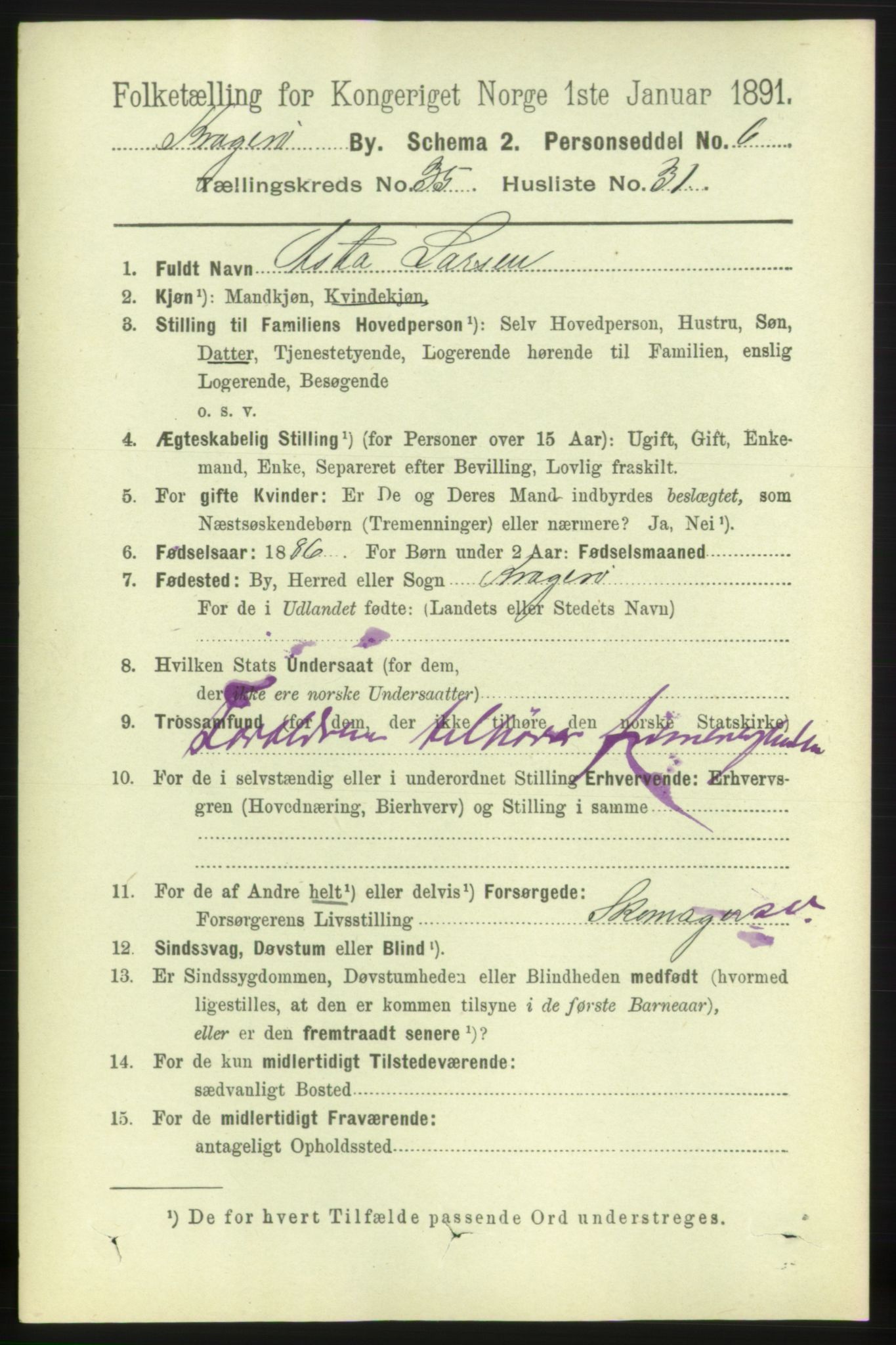 RA, 1891 census for 0801 Kragerø, 1891, p. 6453