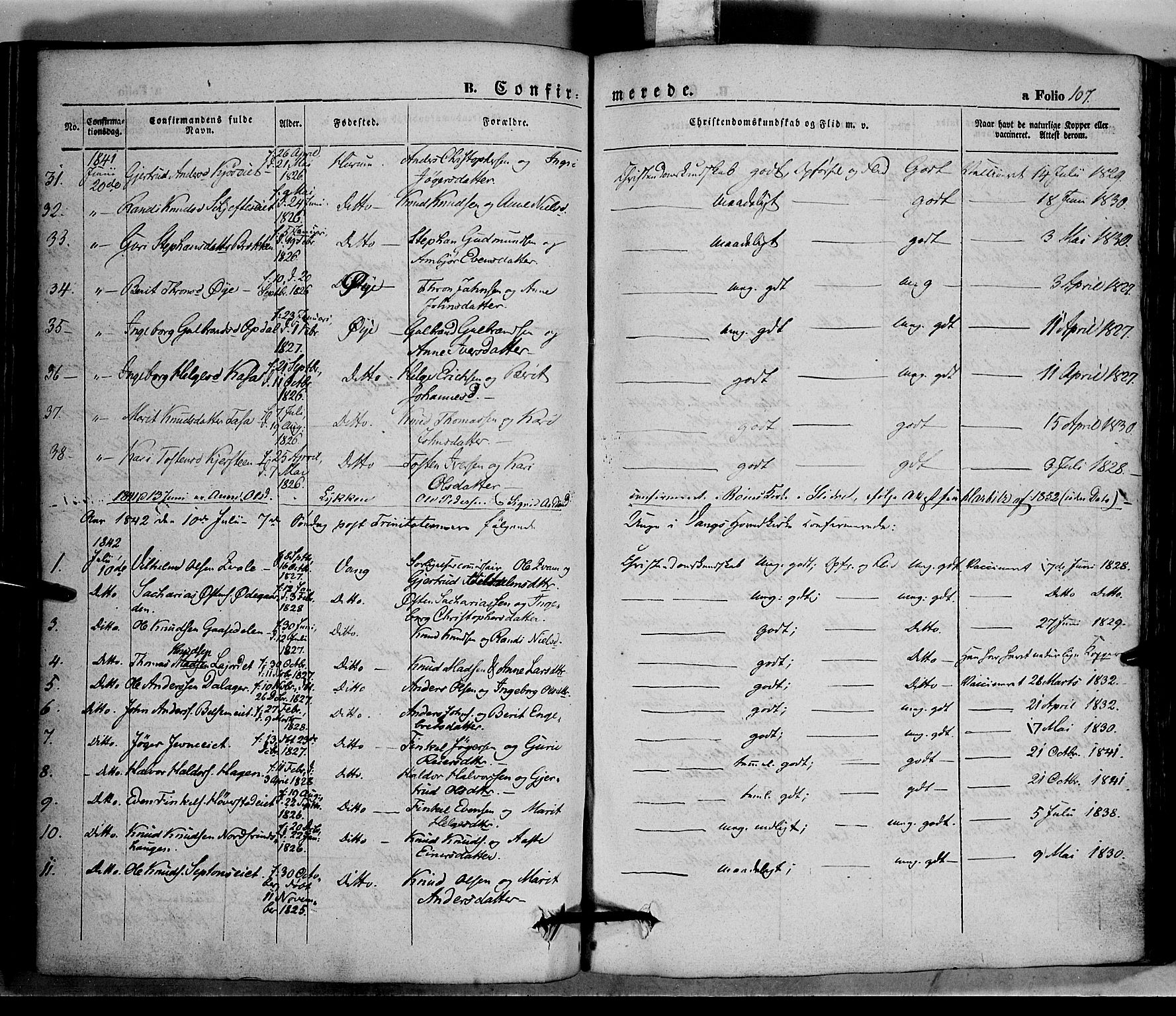 Vang prestekontor, Valdres, SAH/PREST-140/H/Ha/L0005: Parish register (official) no. 5, 1831-1845, p. 107