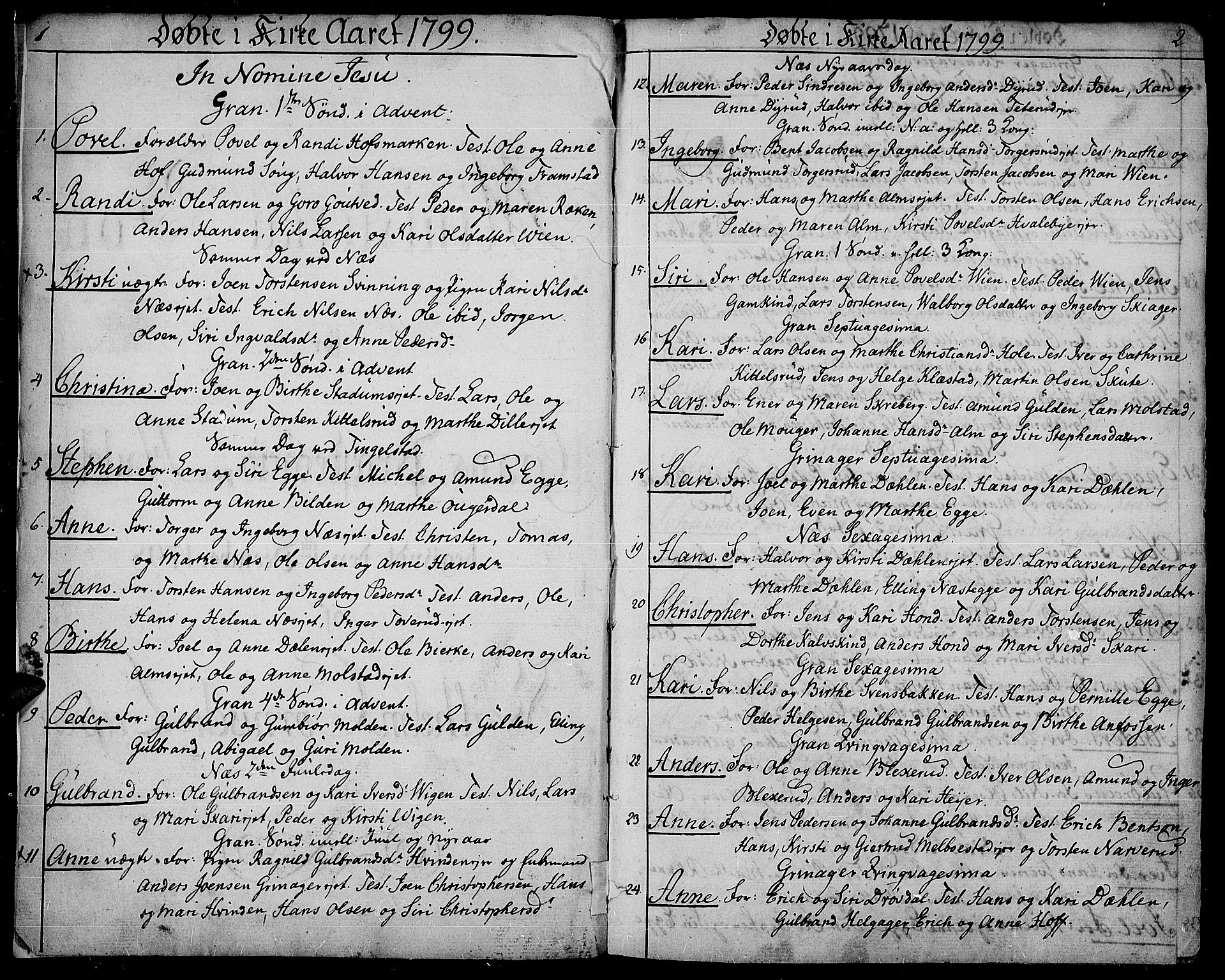 Gran prestekontor, AV/SAH-PREST-112/H/Ha/Haa/L0008: Parish register (official) no. 8, 1798-1811, p. 1-2