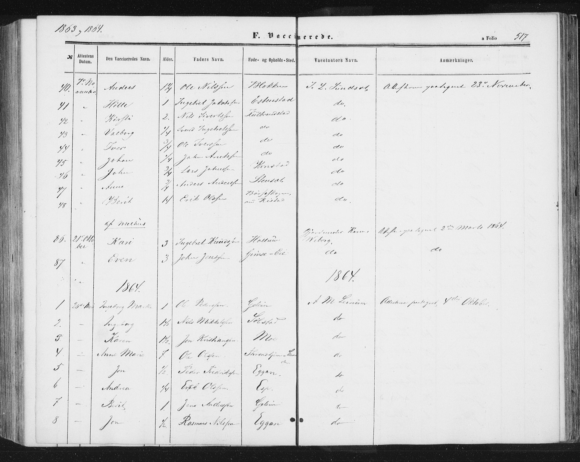 Ministerialprotokoller, klokkerbøker og fødselsregistre - Sør-Trøndelag, SAT/A-1456/691/L1077: Parish register (official) no. 691A09, 1862-1873, p. 517