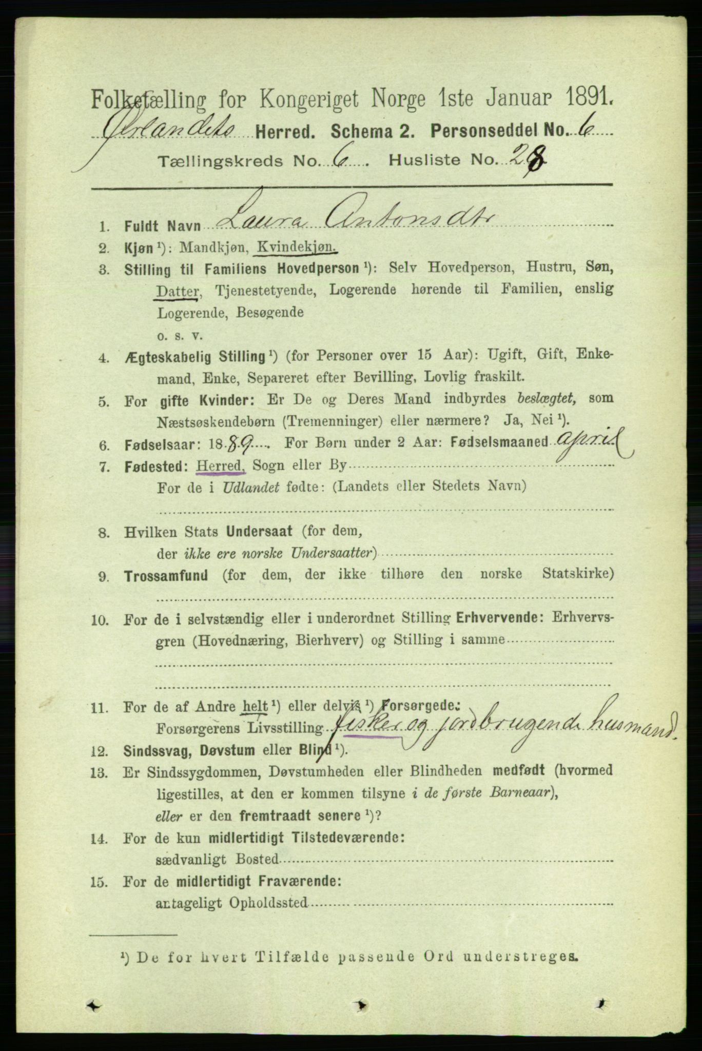 RA, 1891 census for 1621 Ørland, 1891, p. 2009