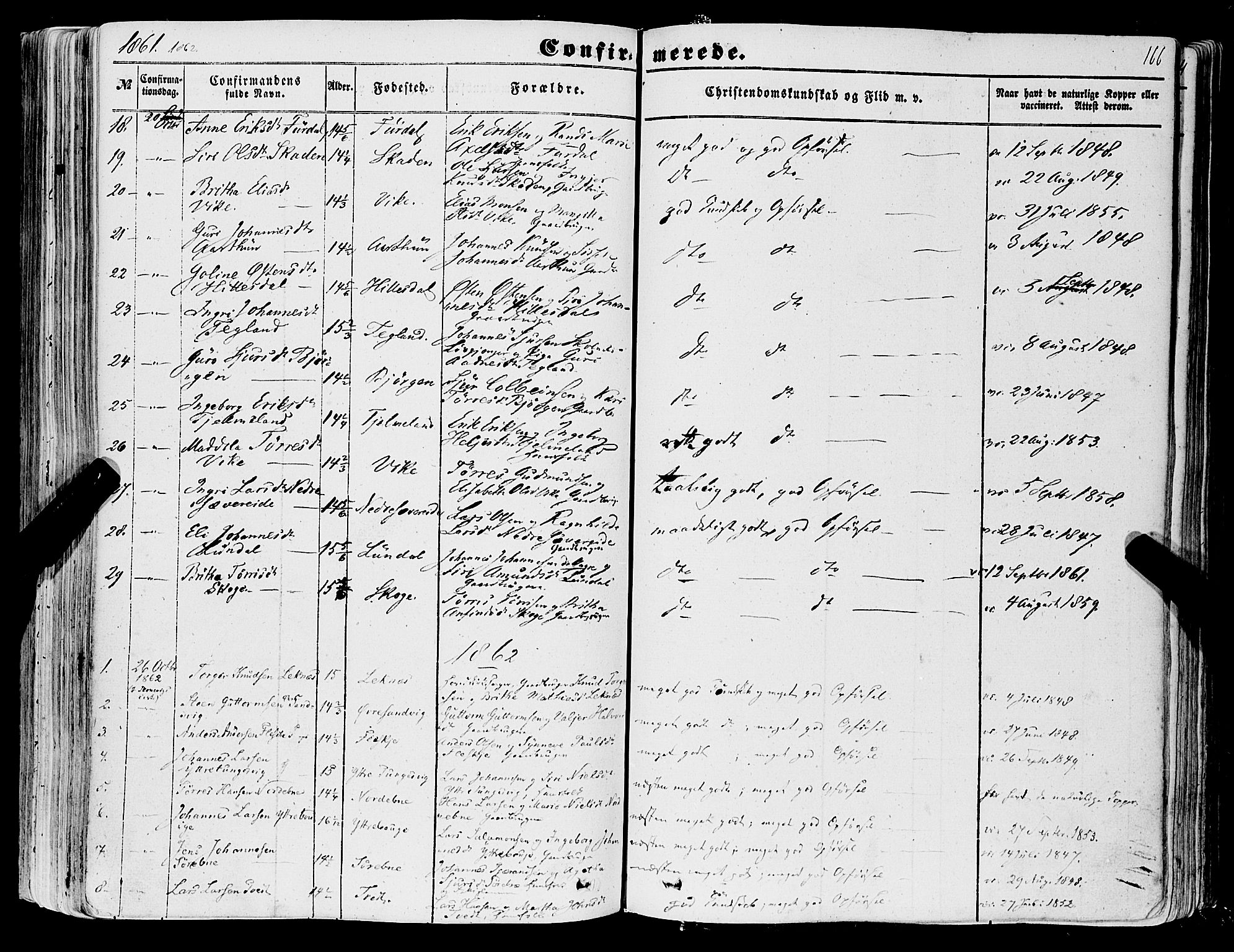 Skånevik sokneprestembete, SAB/A-77801/H/Haa: Parish register (official) no. A 5I, 1848-1869, p. 166