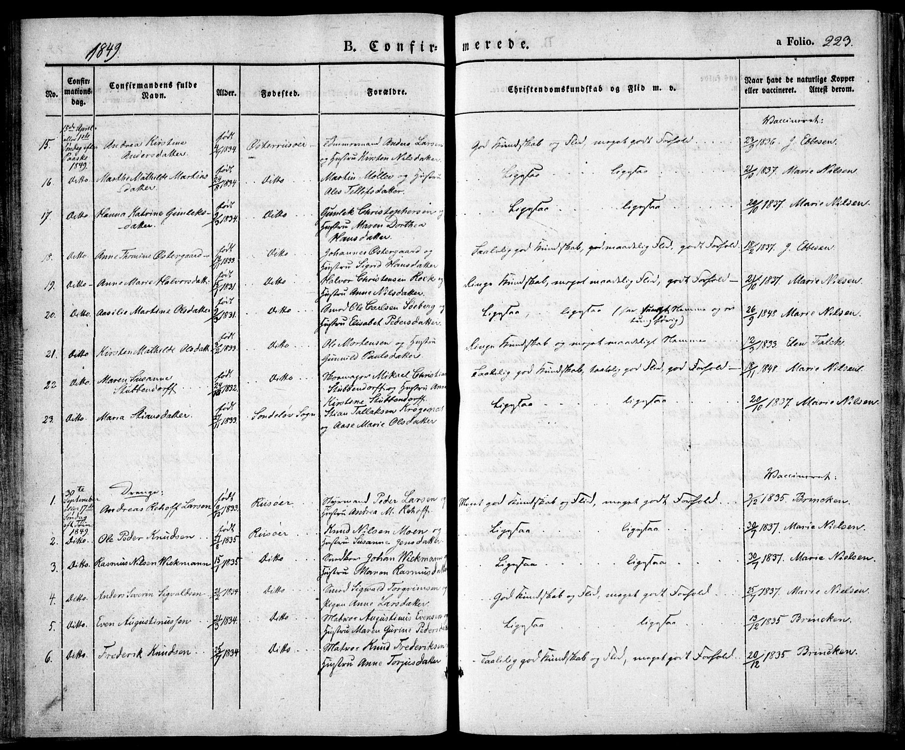 Risør sokneprestkontor, AV/SAK-1111-0035/F/Fa/L0003: Parish register (official) no. A 3, 1838-1864, p. 223
