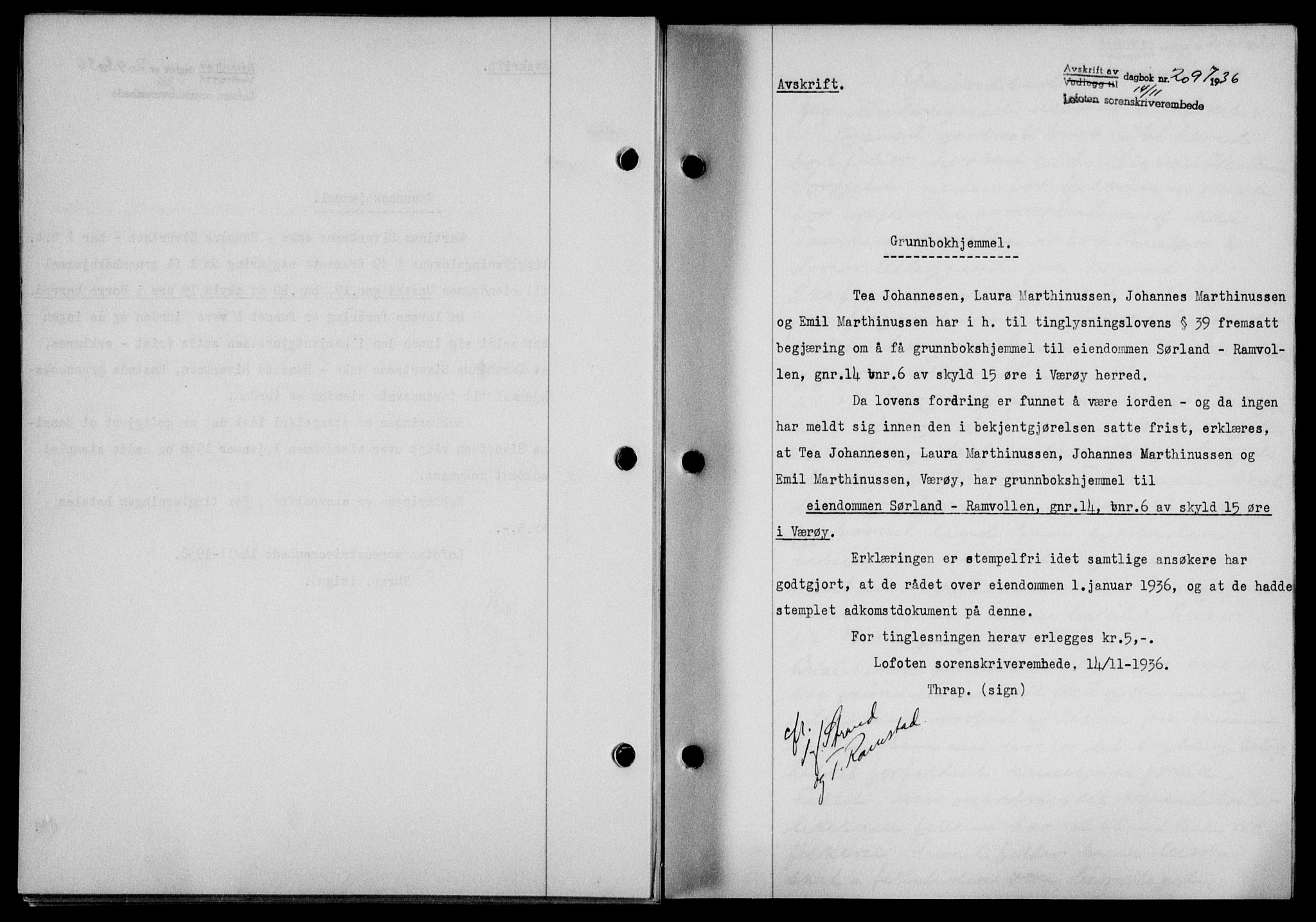 Lofoten sorenskriveri, SAT/A-0017/1/2/2C/L0001a: Mortgage book no. 1a, 1936-1937, Diary no: : 2097/1936