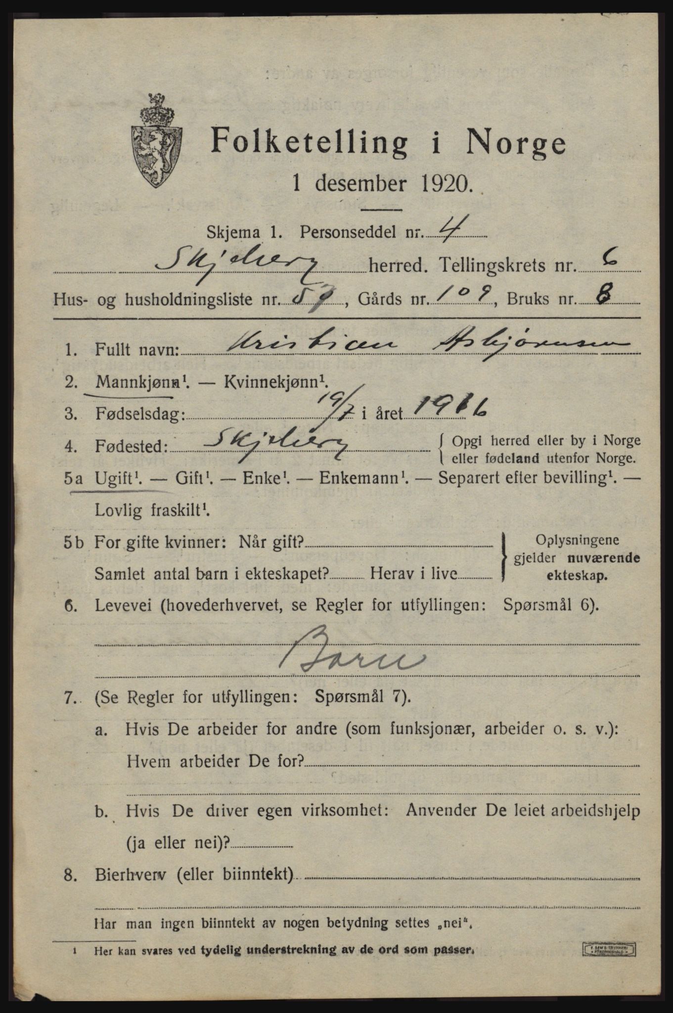 SAO, 1920 census for Skjeberg, 1920, p. 7165